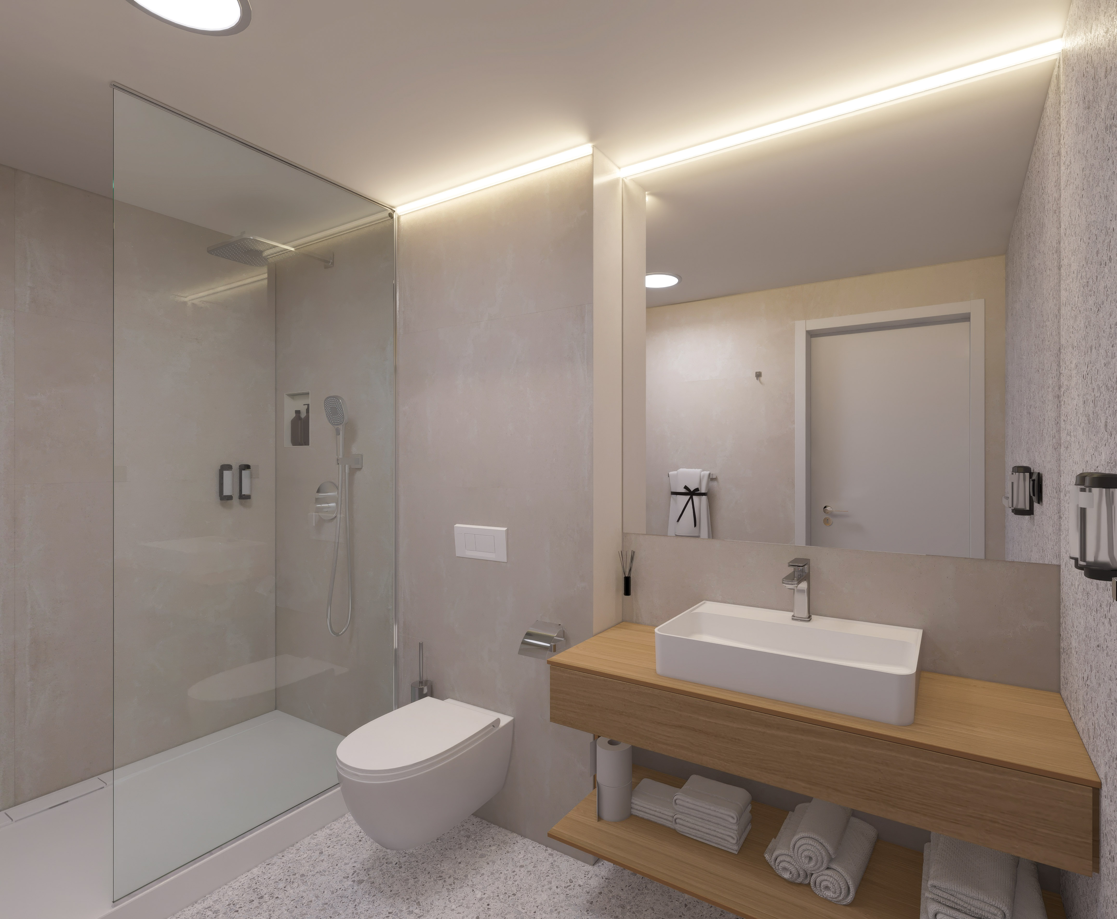 a bathroom with a shower and sink