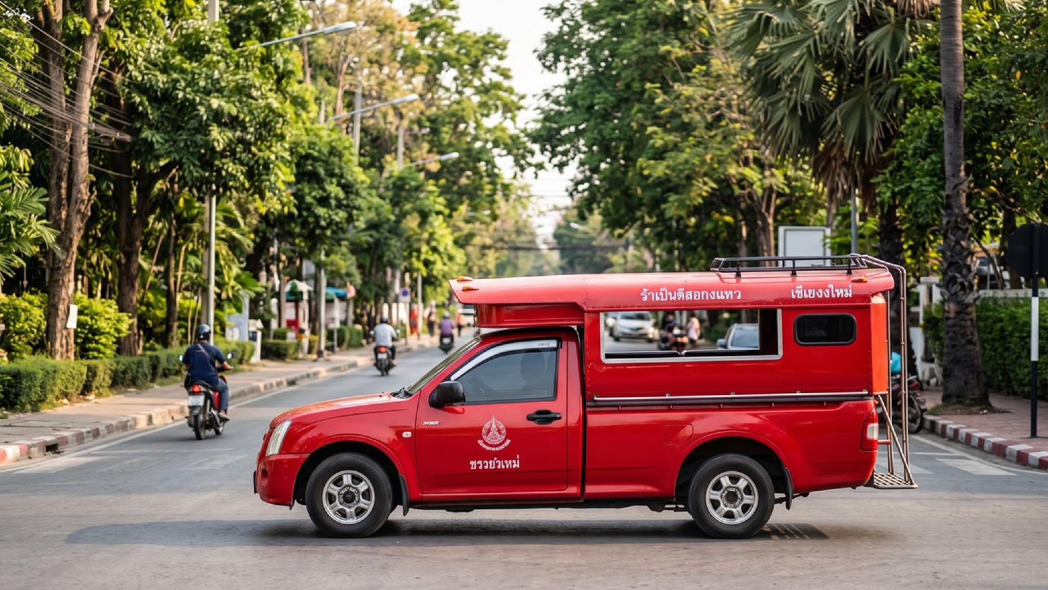Red songthaew public transport truck in Chiang Mai, Thailand.