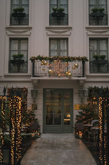 a building with lights and decorations
