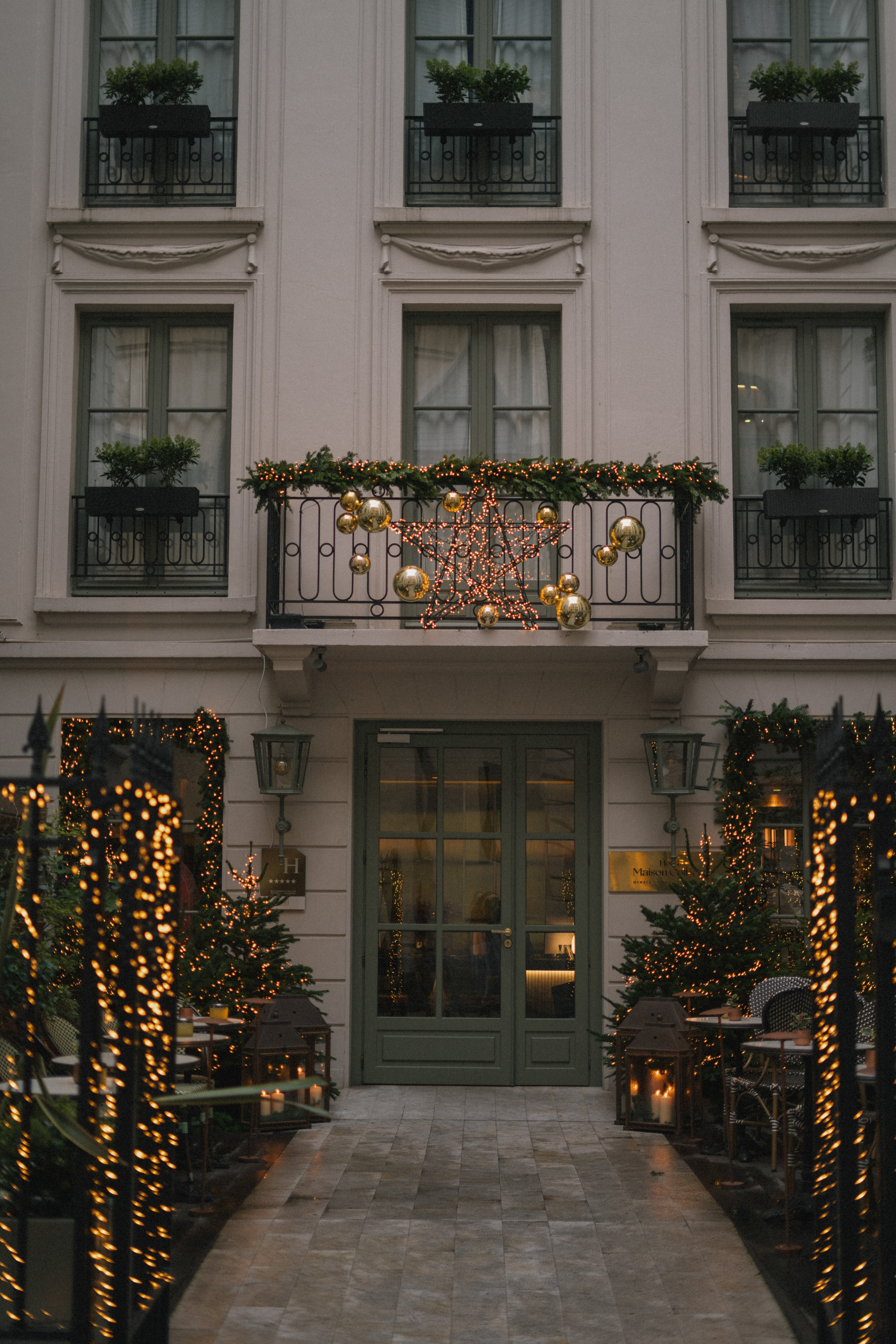 a building with lights and decorations