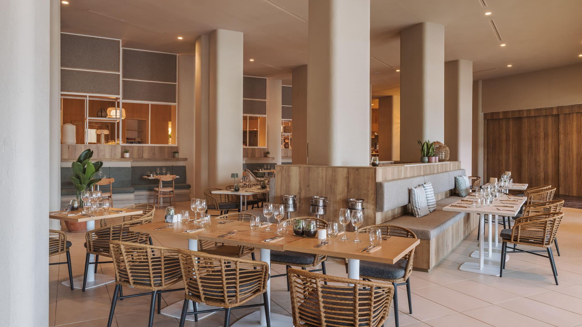 a restaurant with tables and chairs