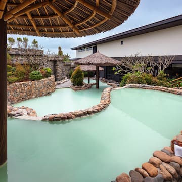 a pool with a straw umbrella and a stone wall