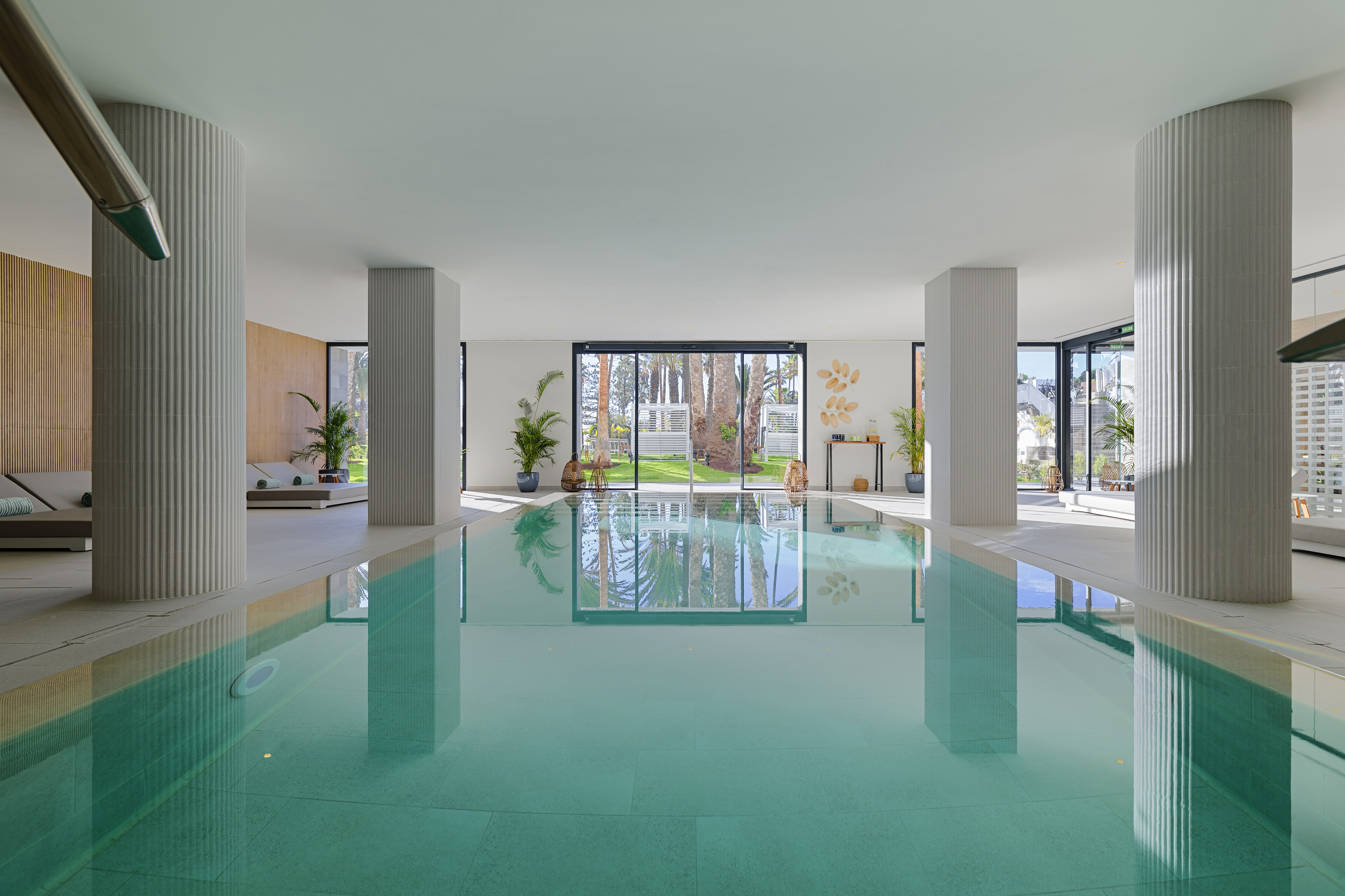 Modern indoor swimming pool with clear water and palm tree view.