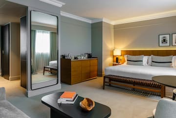 a bedroom with a mirror and a bed