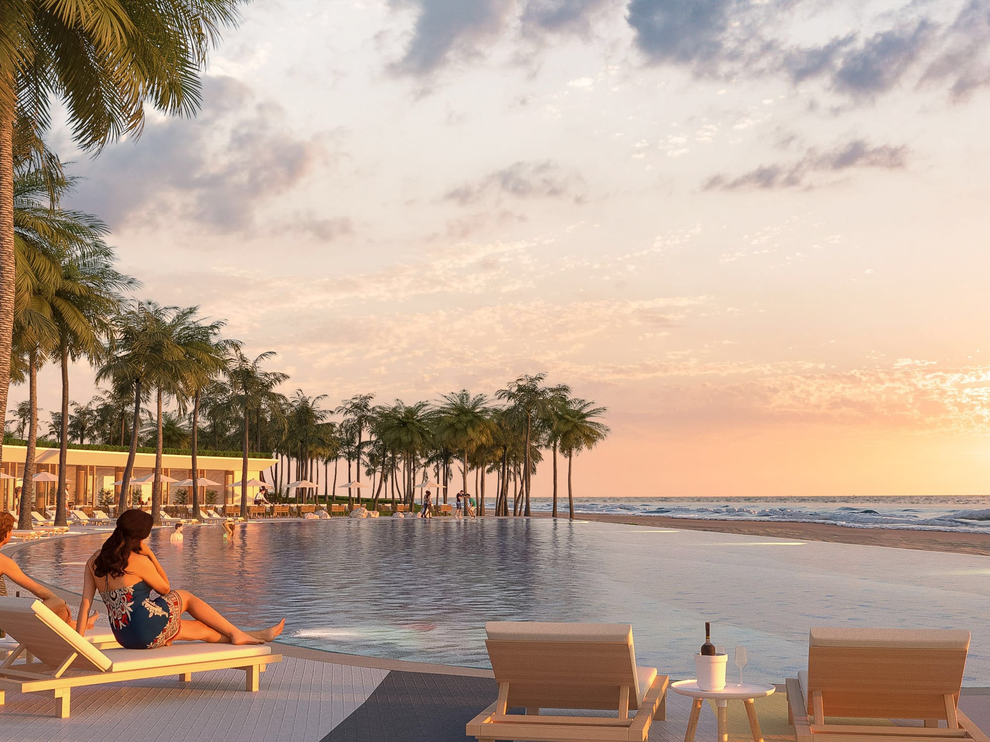 Luxury resort with infinity pool overlooking ocean and palm trees at sunset.