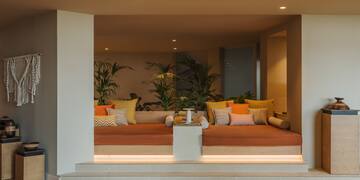 a room with a couch and plants