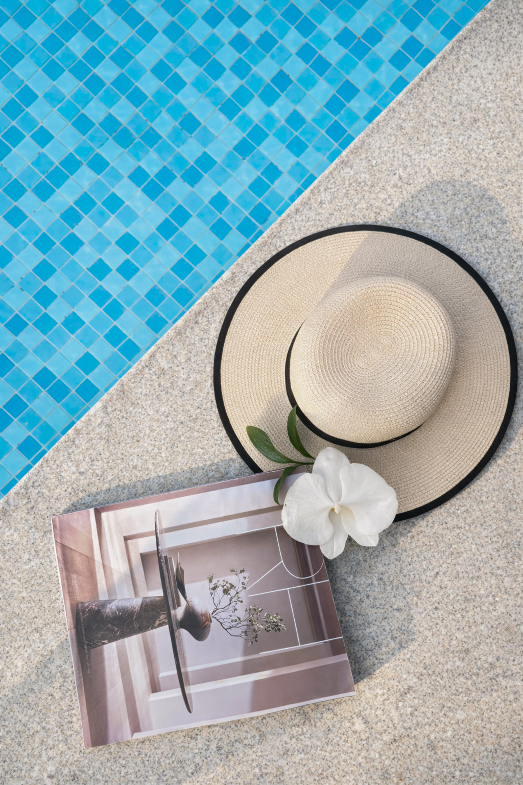 a hat and a book next to a pool