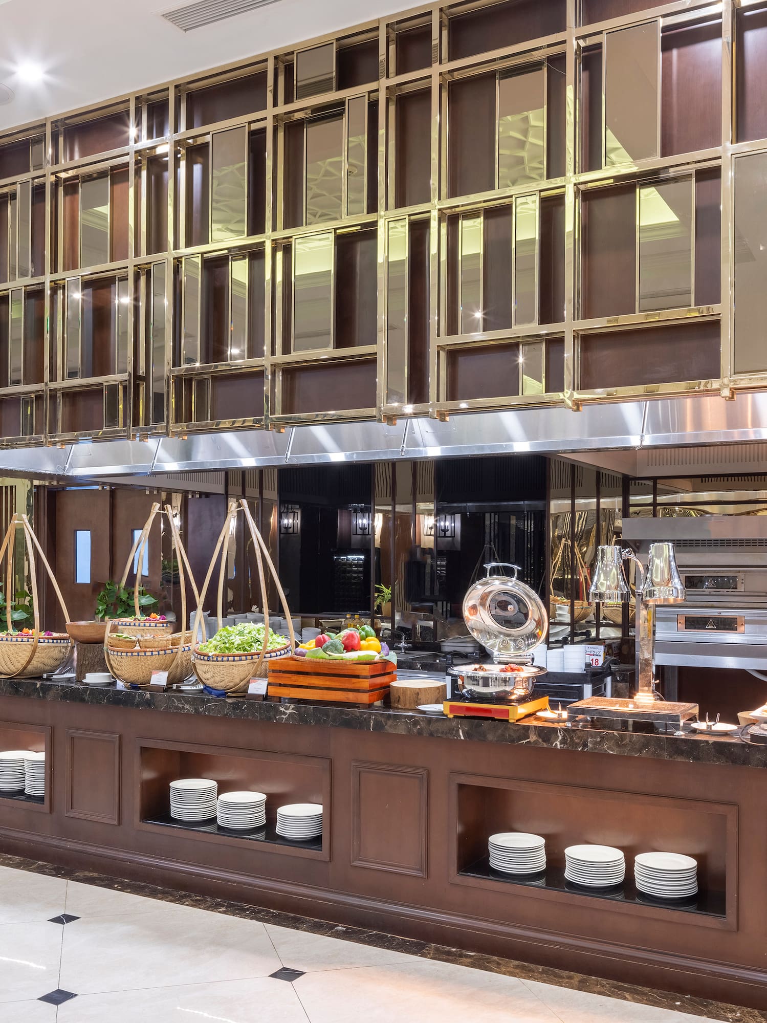 a buffet with food on the counter