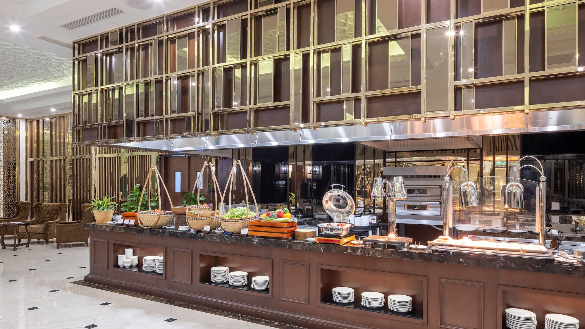 um buffet com comida no balcão