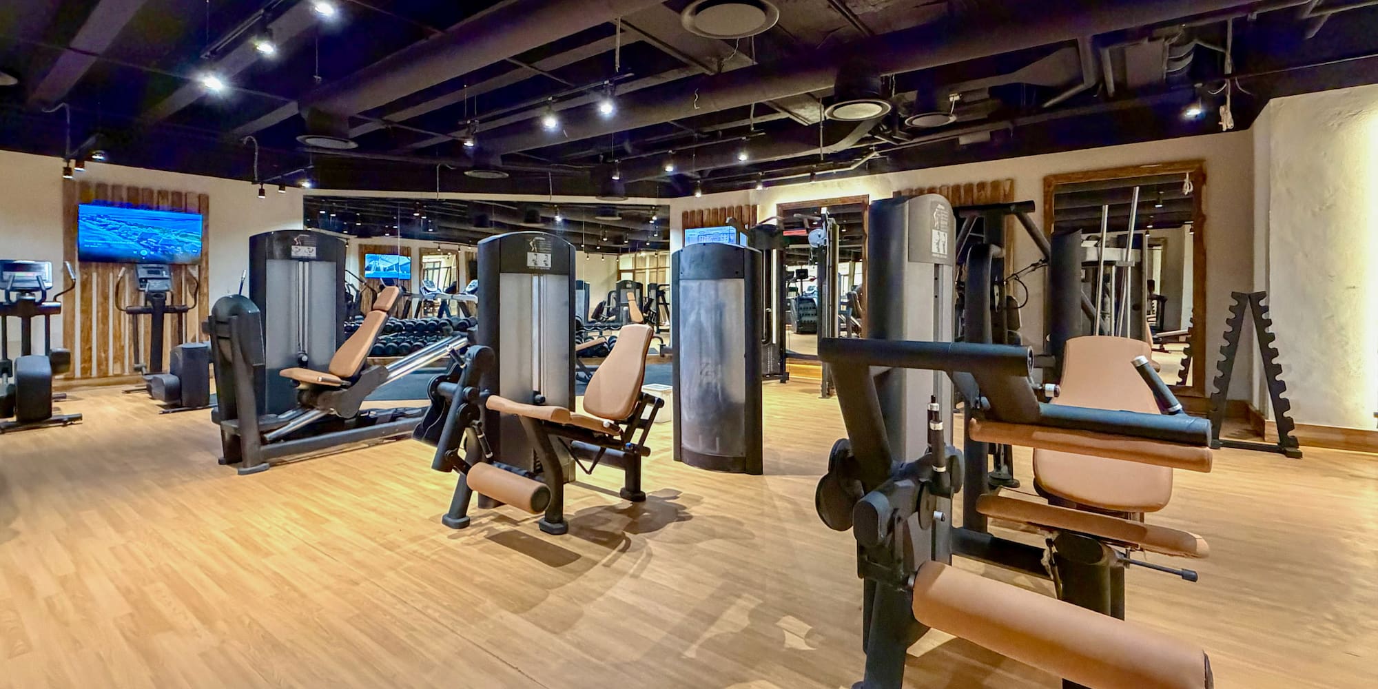 Modern gym interior with various strength training machines and light wooden floor.