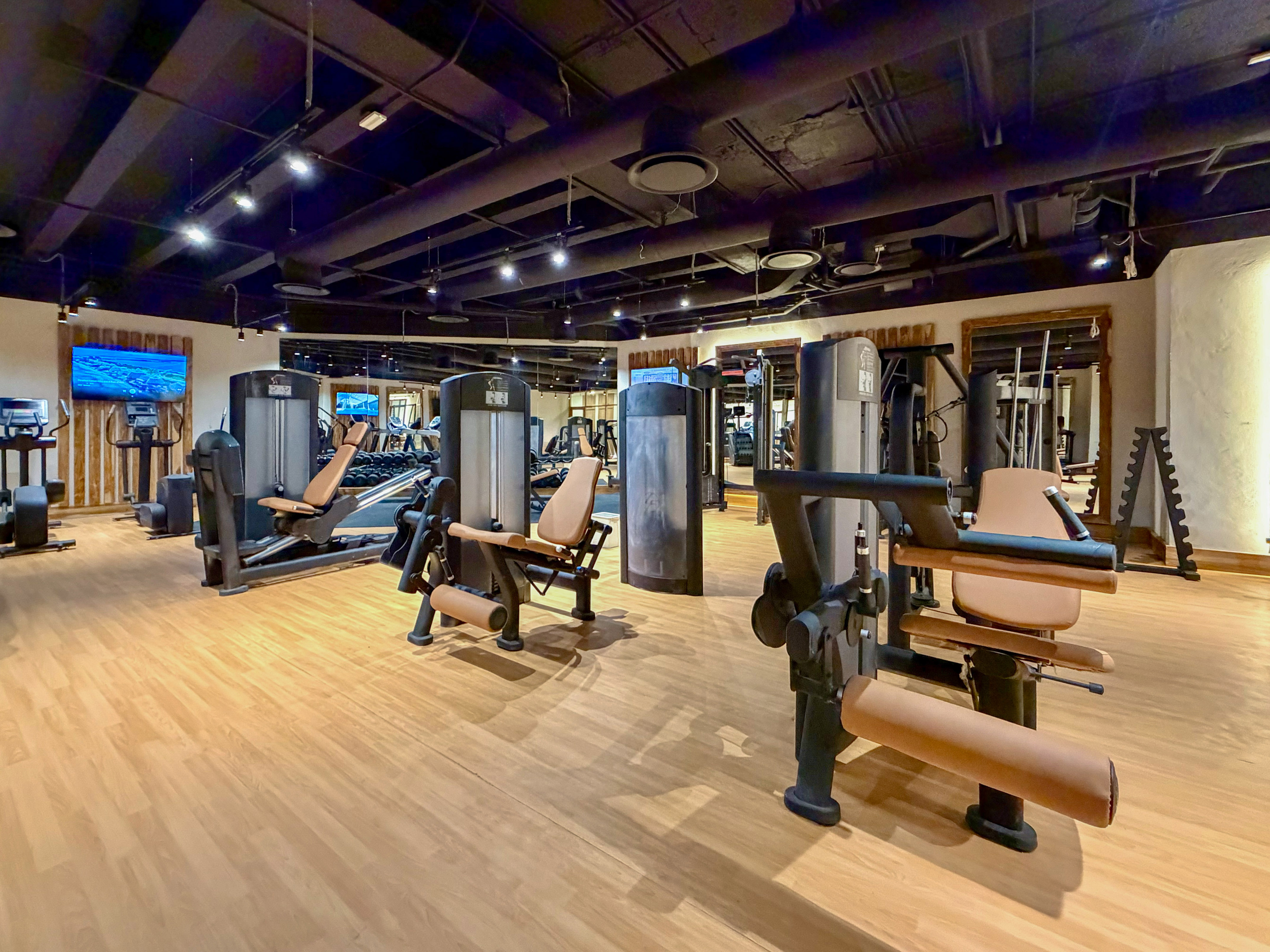 Modern gym interior with various strength training machines and light wooden floor.