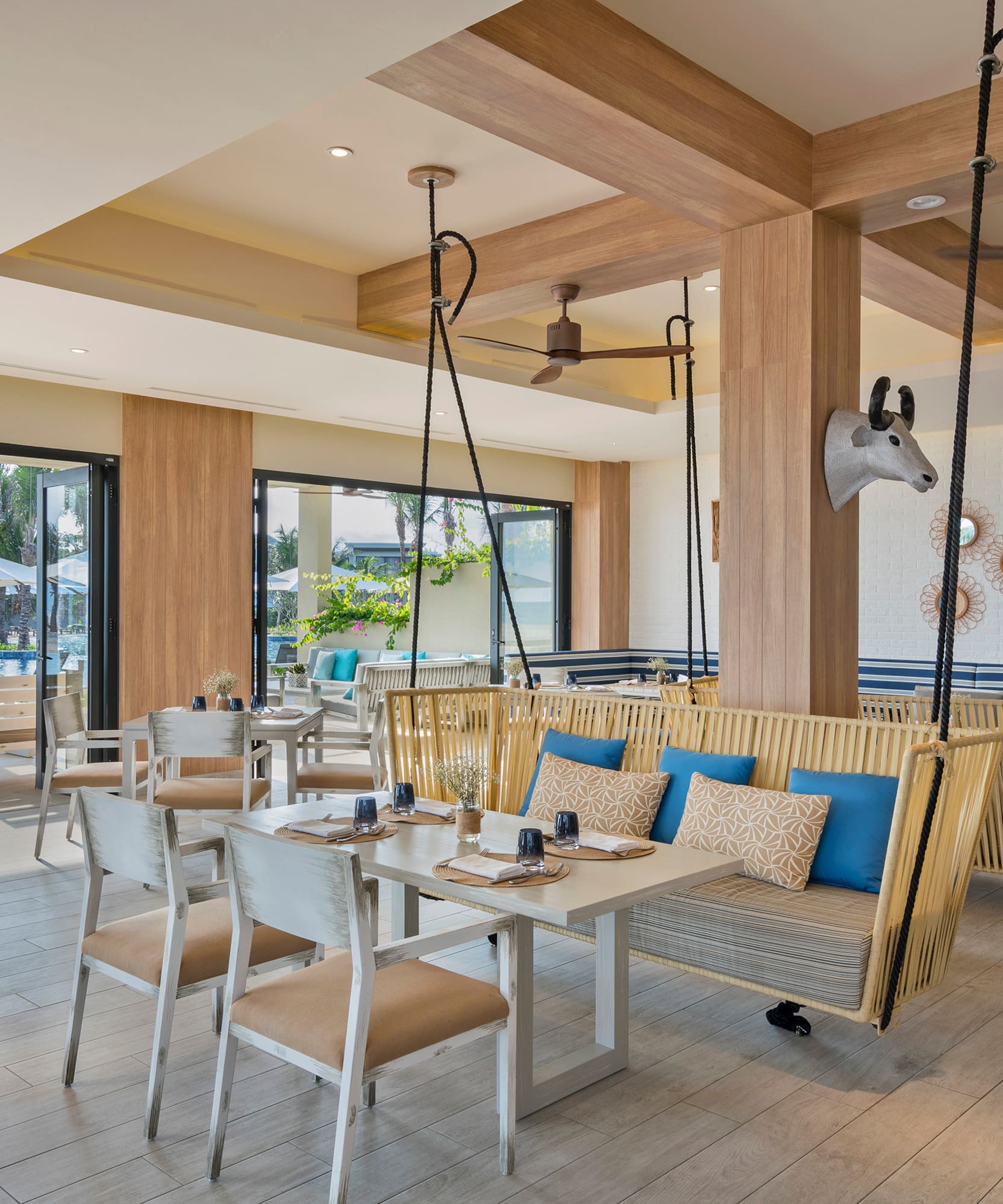 a room with a table and chairs