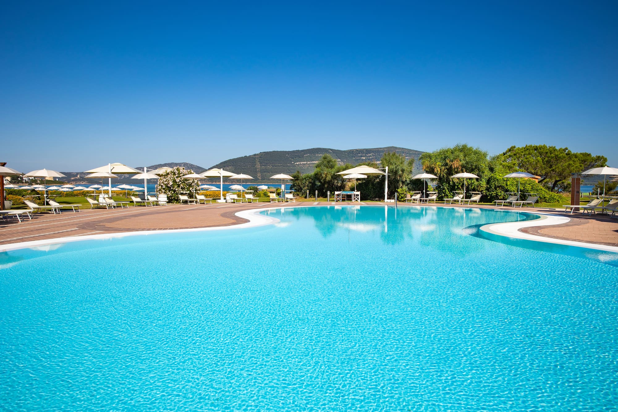 a pool with umbrellas and chairs