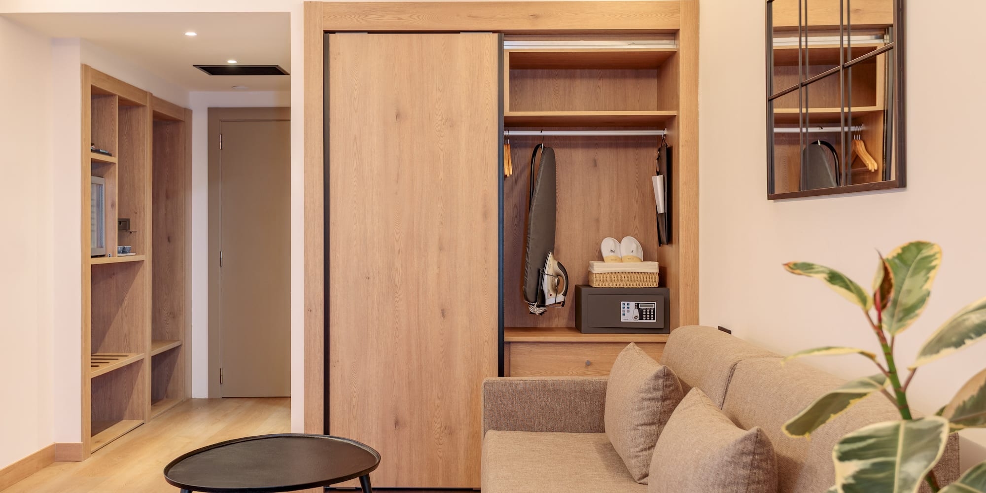 a room with a couch and a closet