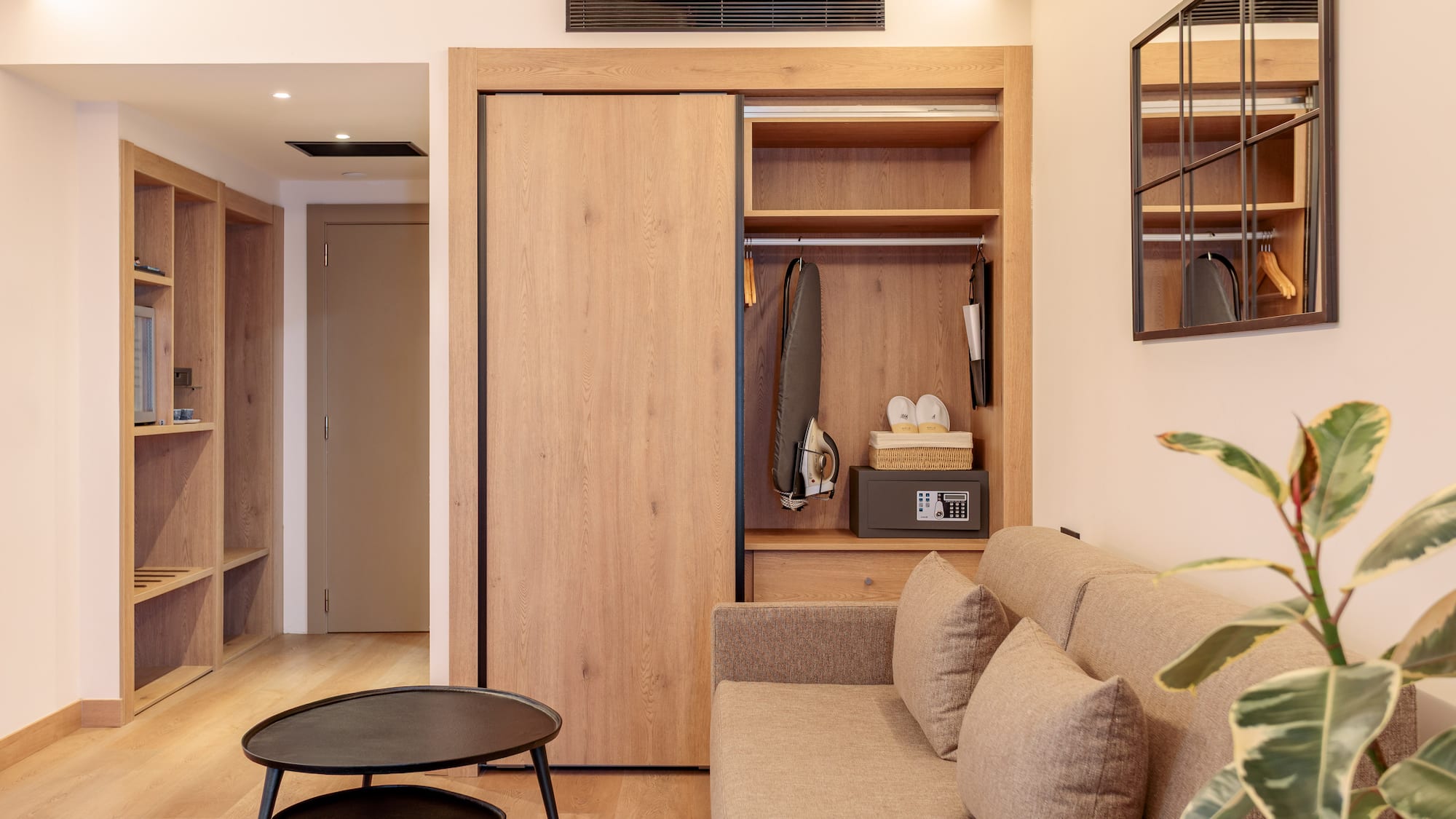 a room with a couch and a closet