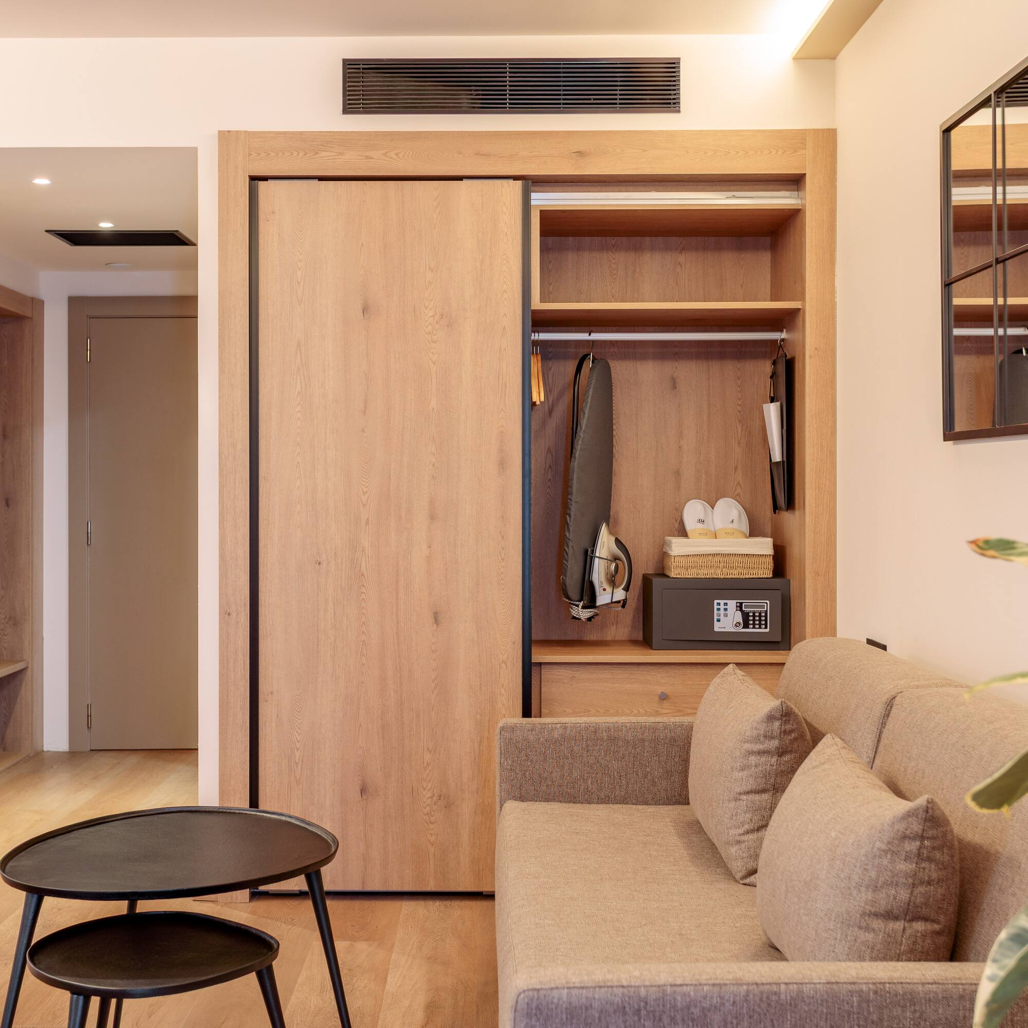 a room with a couch and a closet