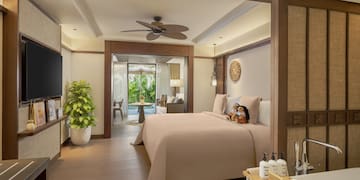 a bedroom with a television and a bathtub