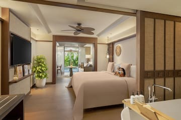 a bedroom with a television and a bathtub