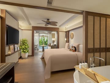 a bedroom with a television and a bathtub