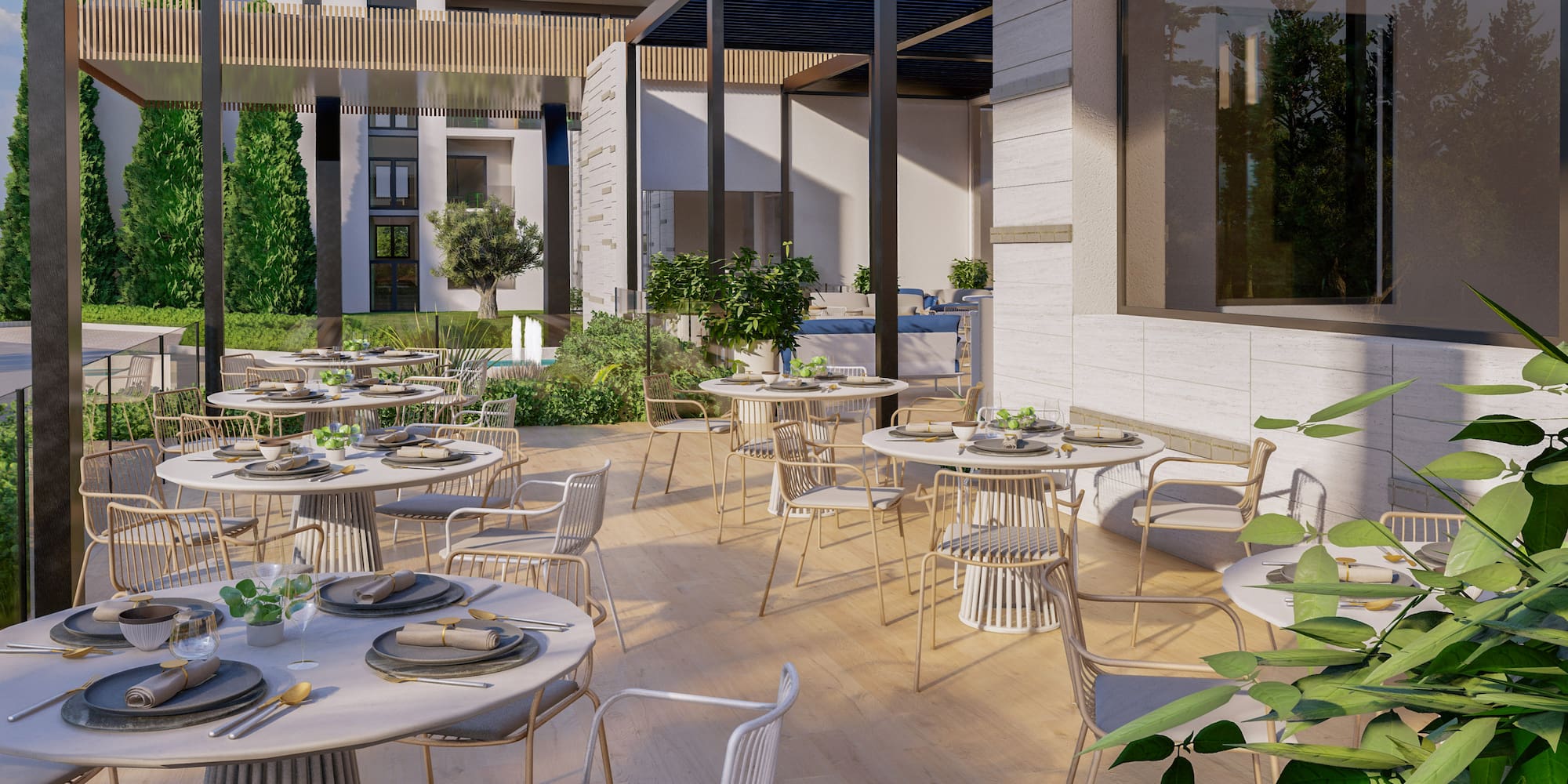 a patio with tables and chairs