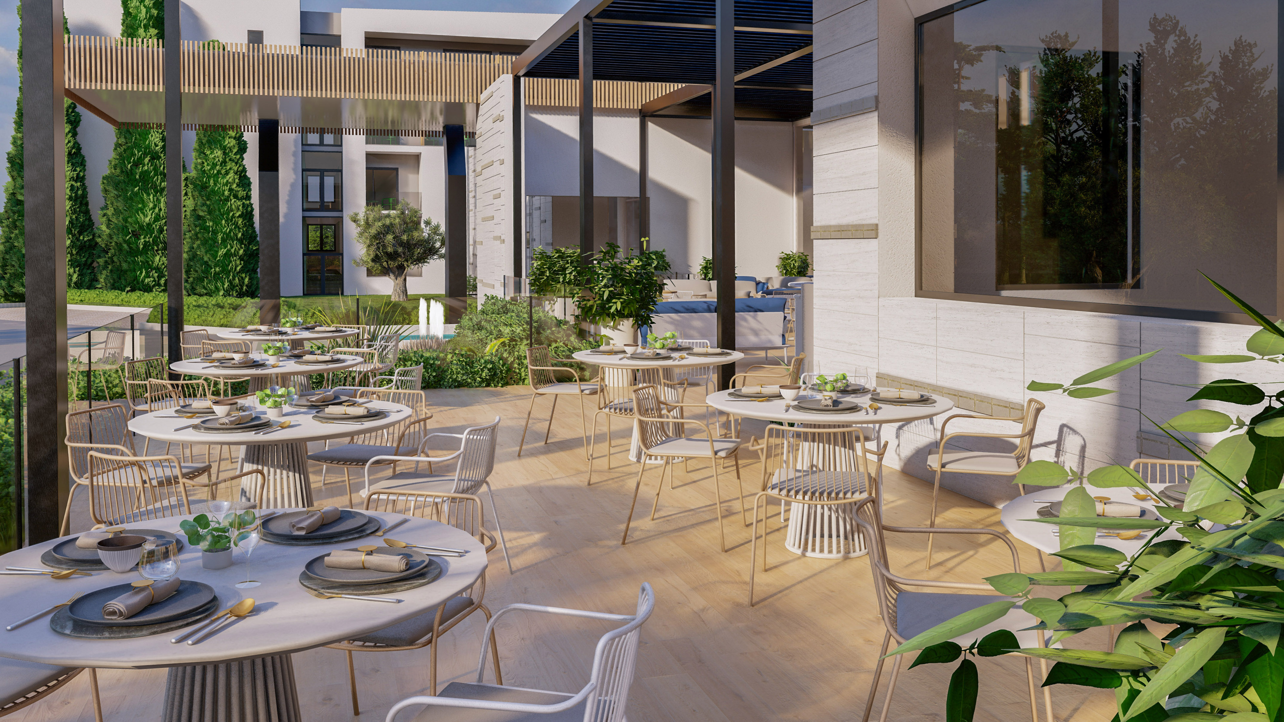 a patio with tables and chairs