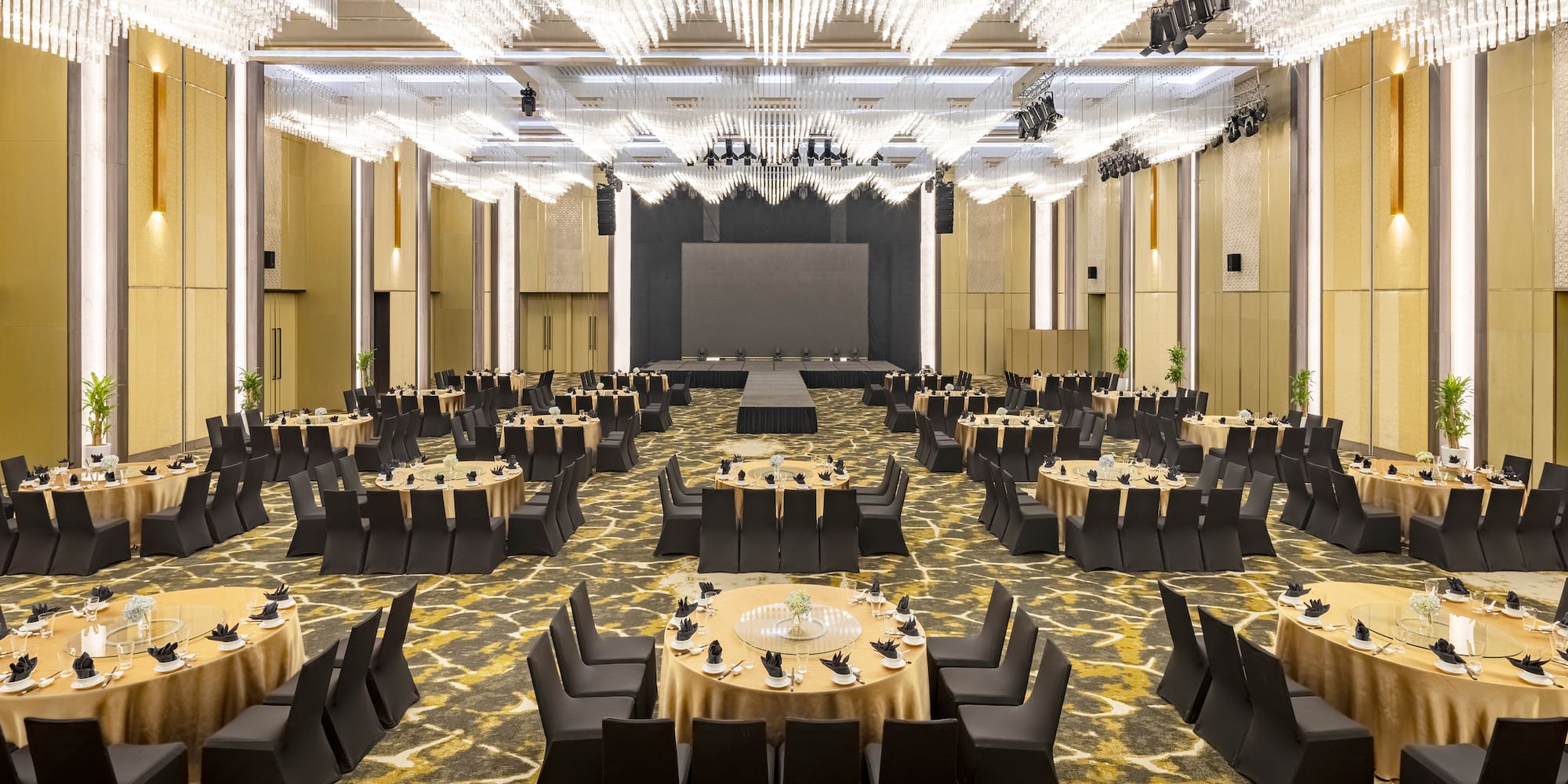 a large room with tables and chairs