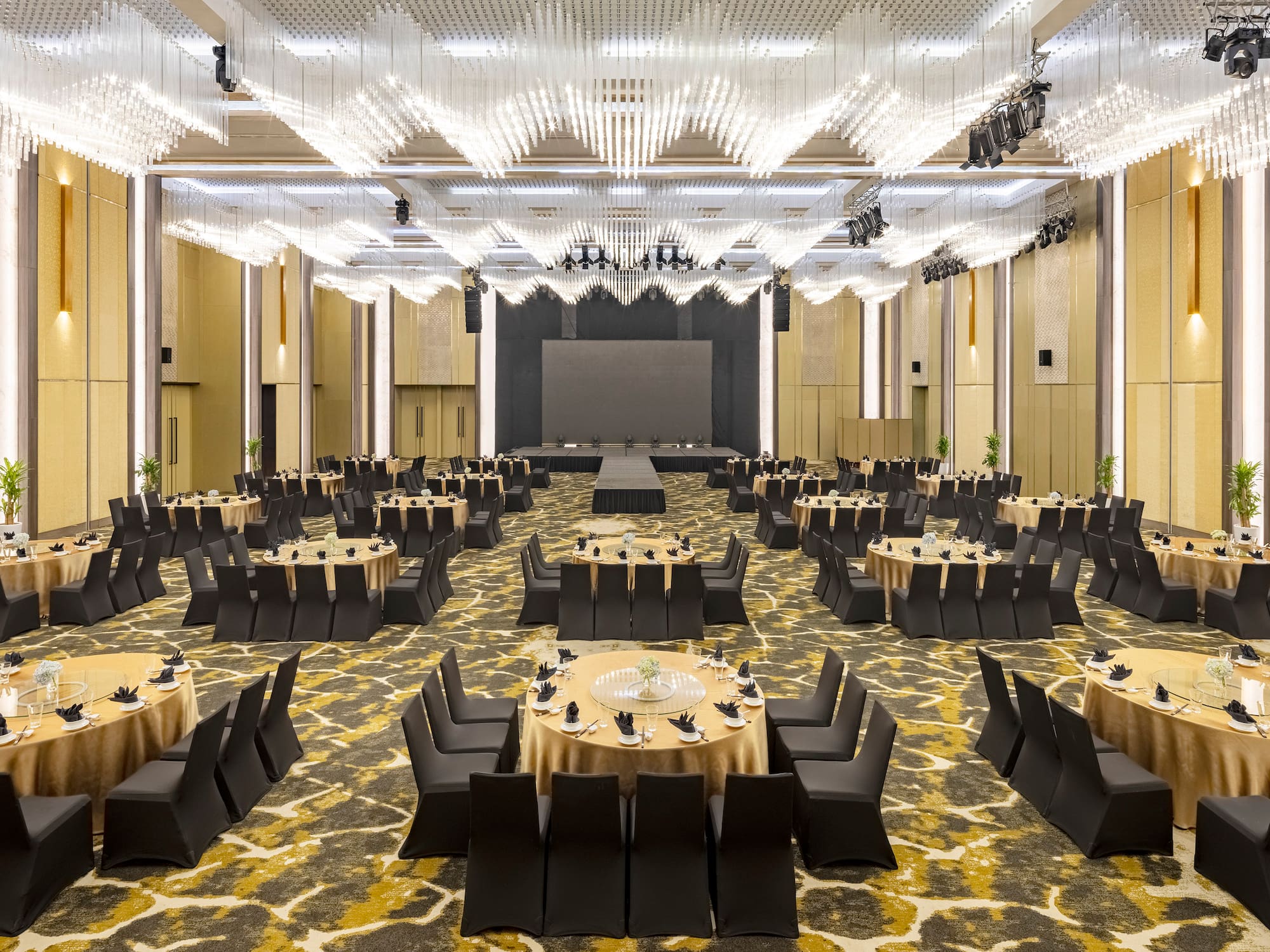 a large room with tables and chairs