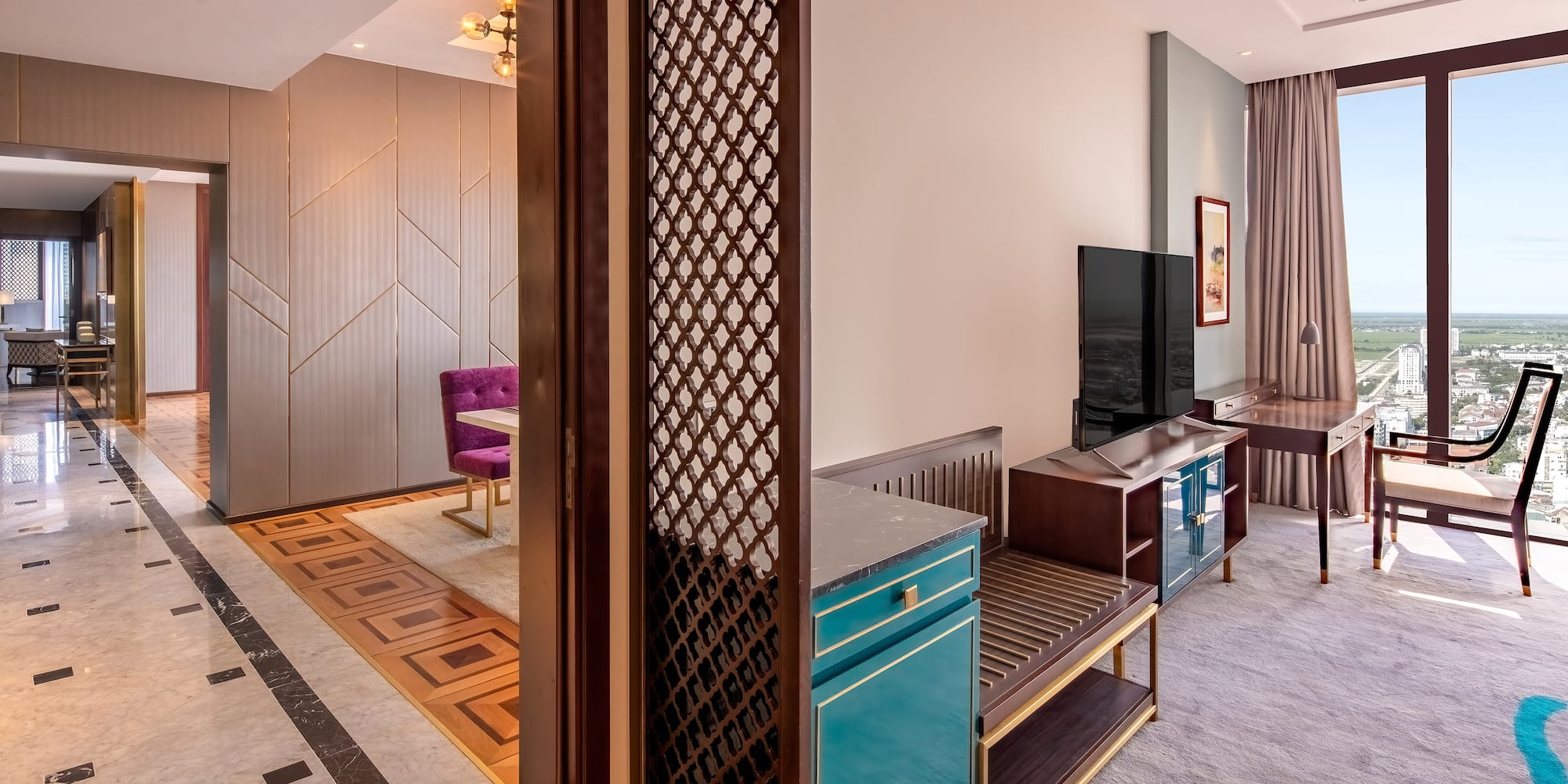 a room with a tv and a table