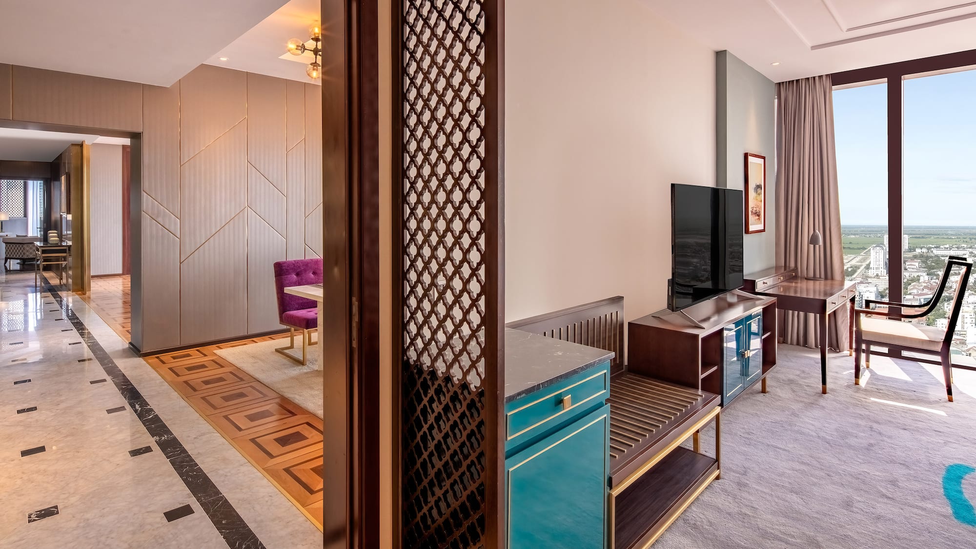 a room with a tv and a table