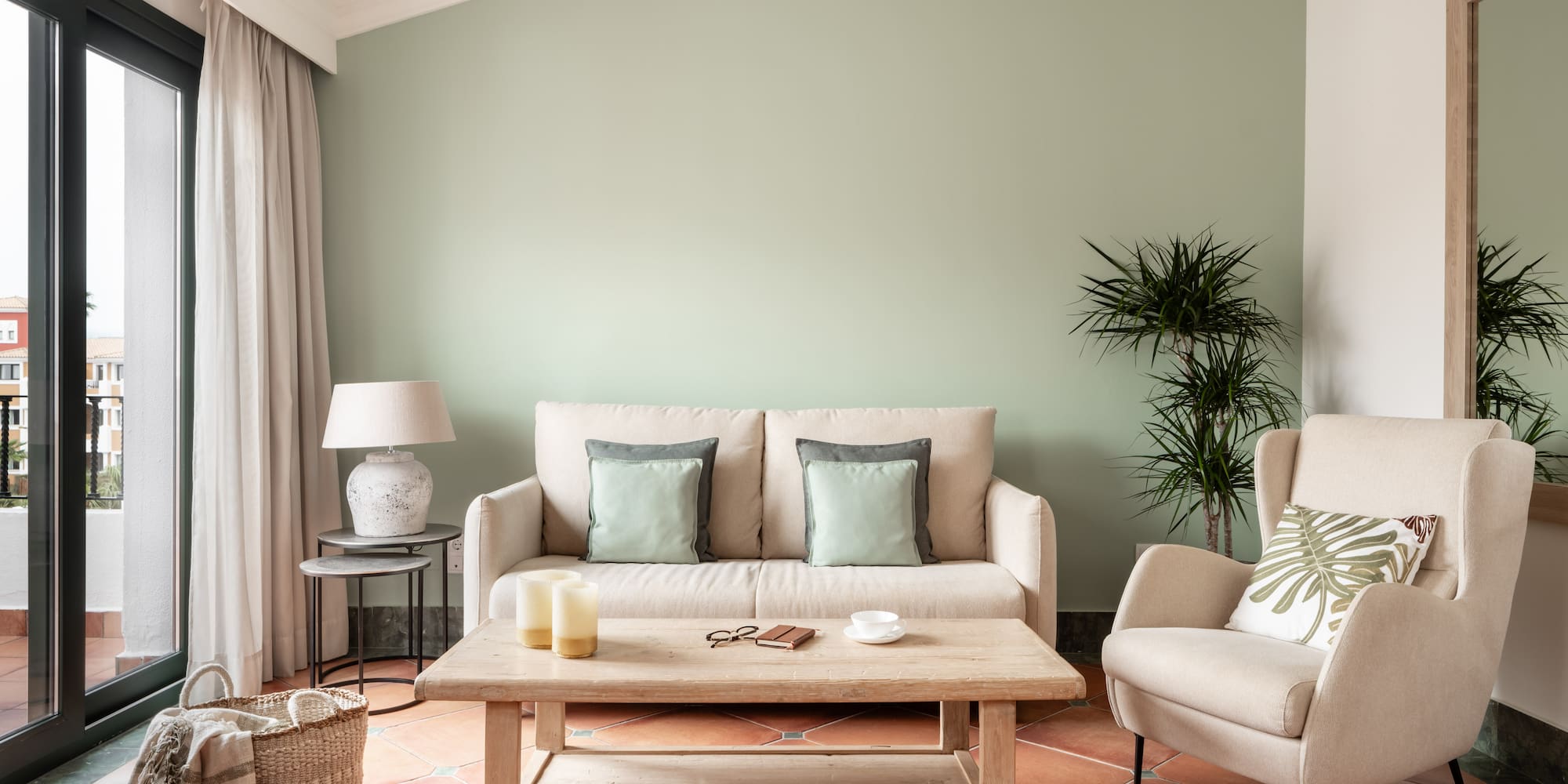 a living room with a couch and a coffee table