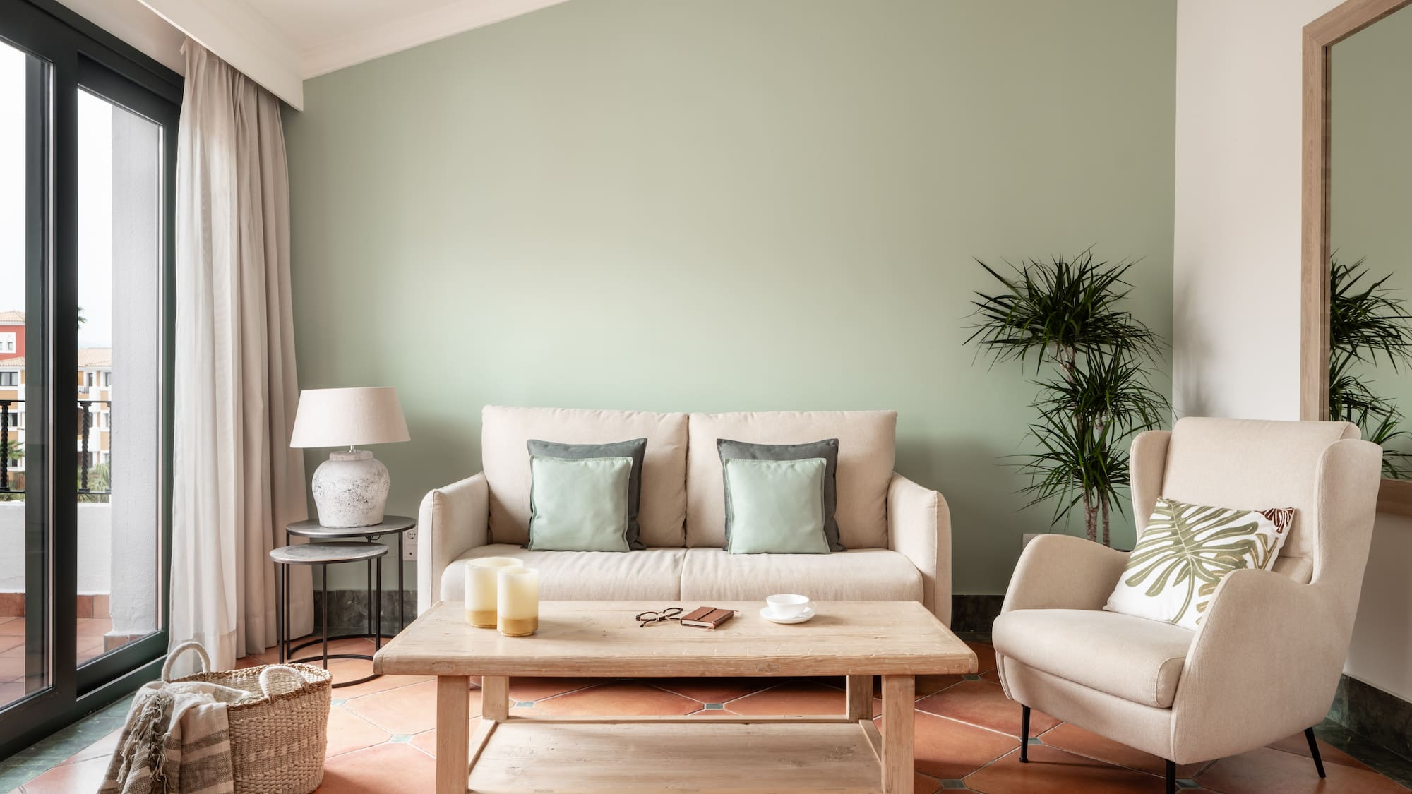 a living room with a couch and a coffee table
