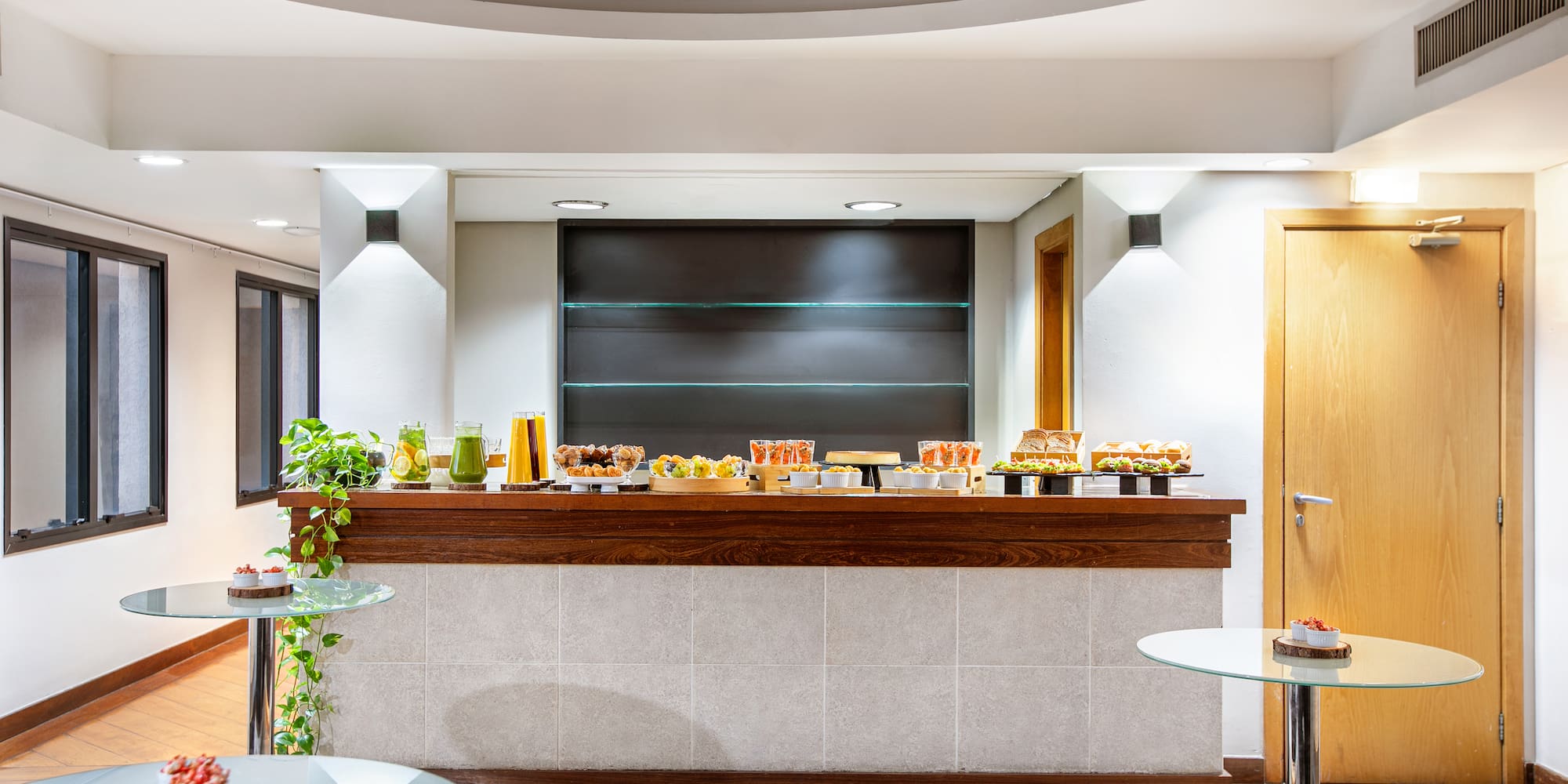 a buffet with food on it