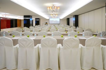 a room with tables and chairs