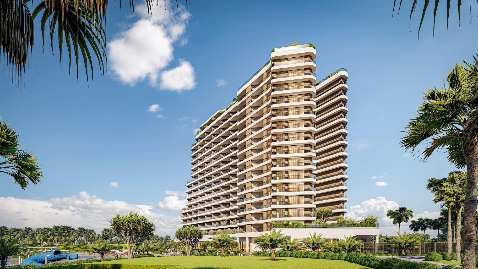 a tall building with trees and grass