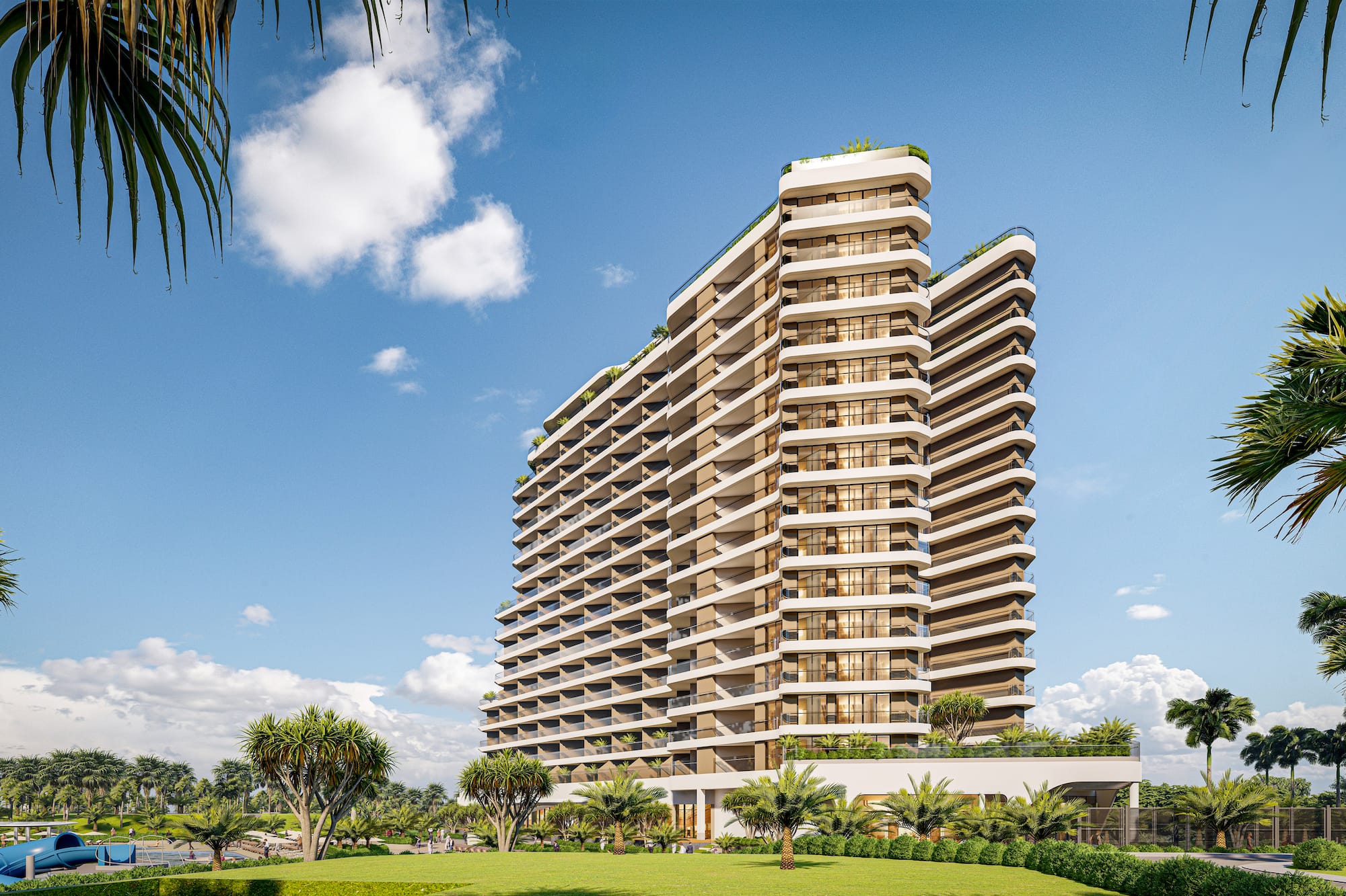 a tall building with trees and grass