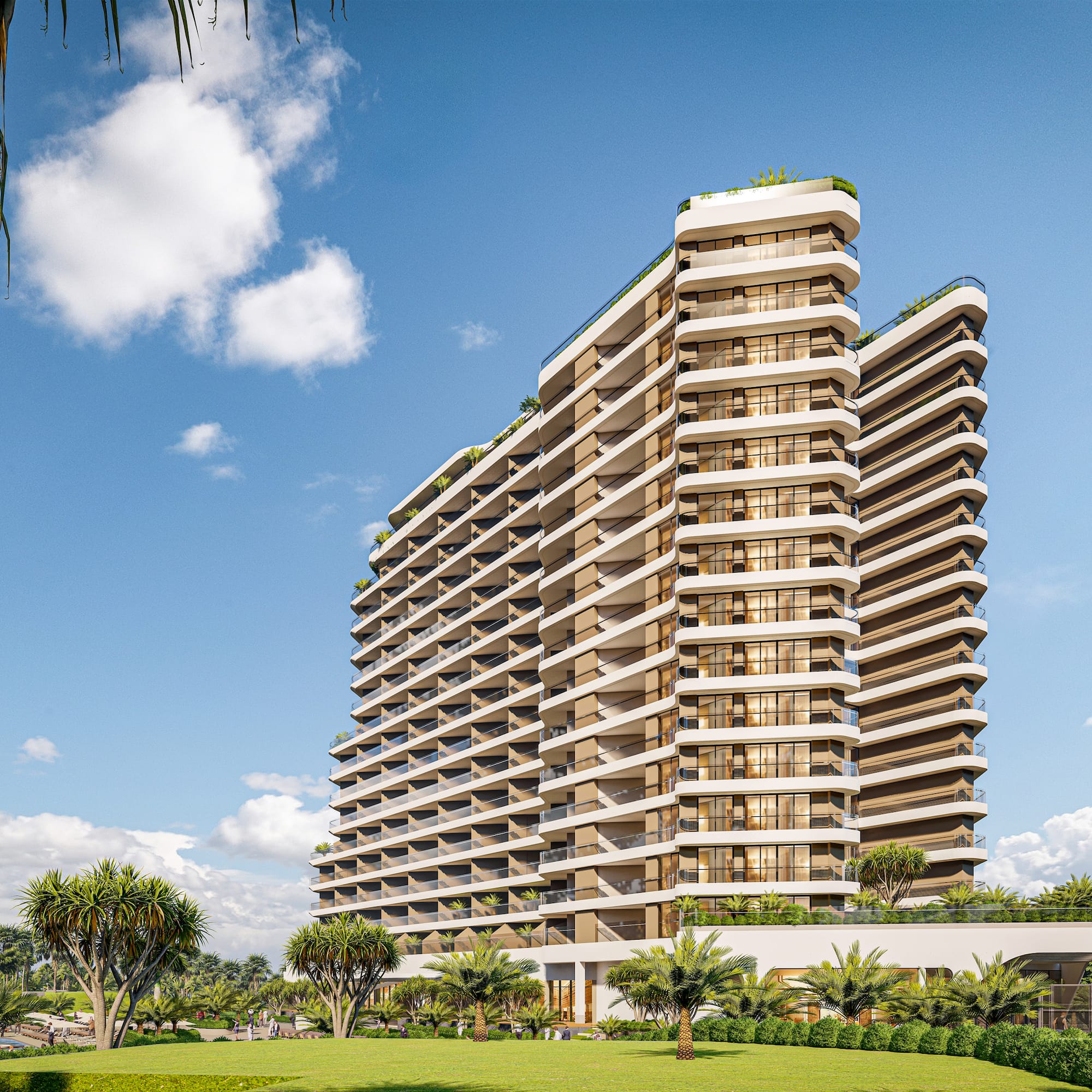 a tall building with trees and grass