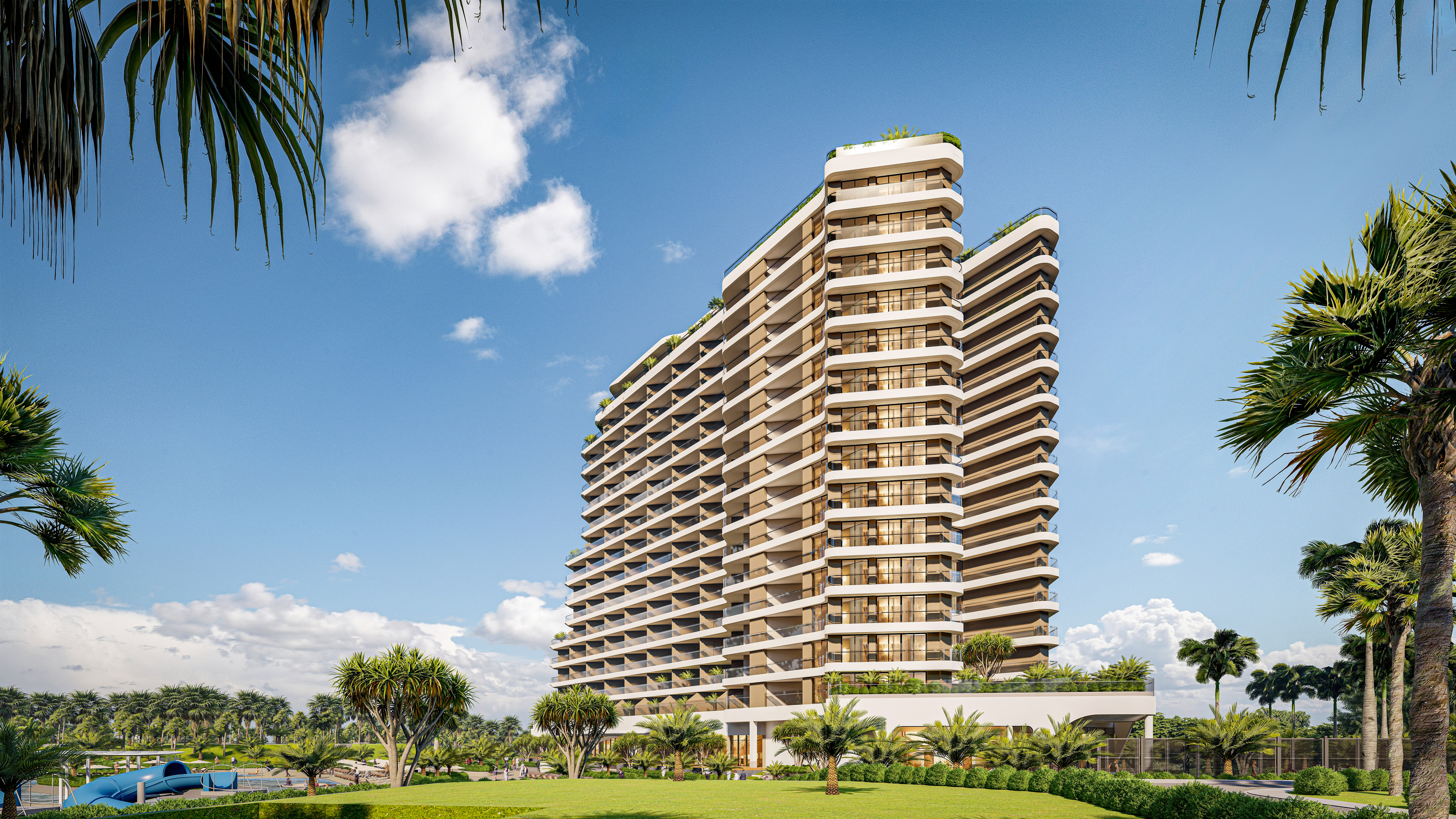 a tall building with trees and grass