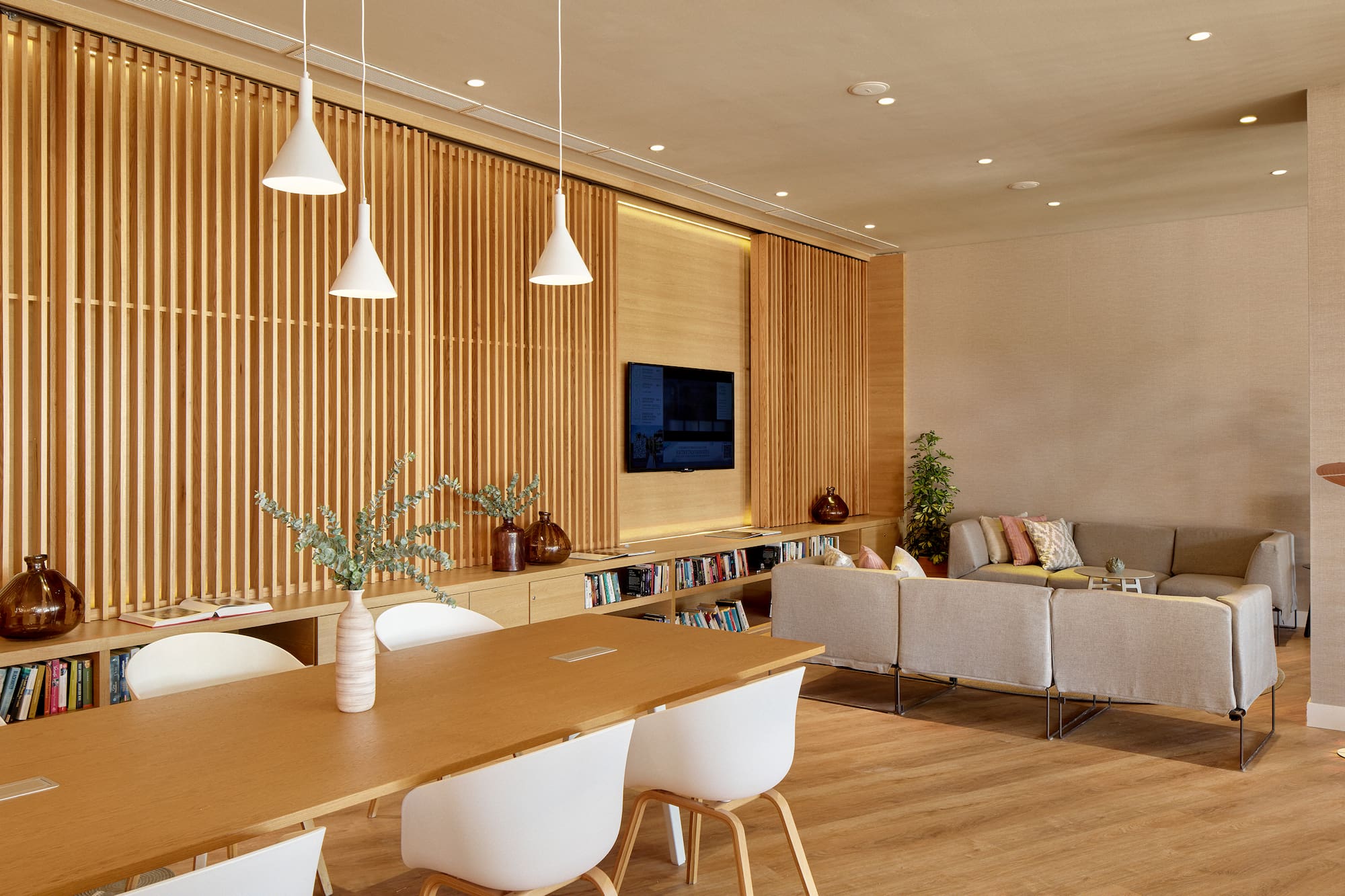 a room with a table and chairs