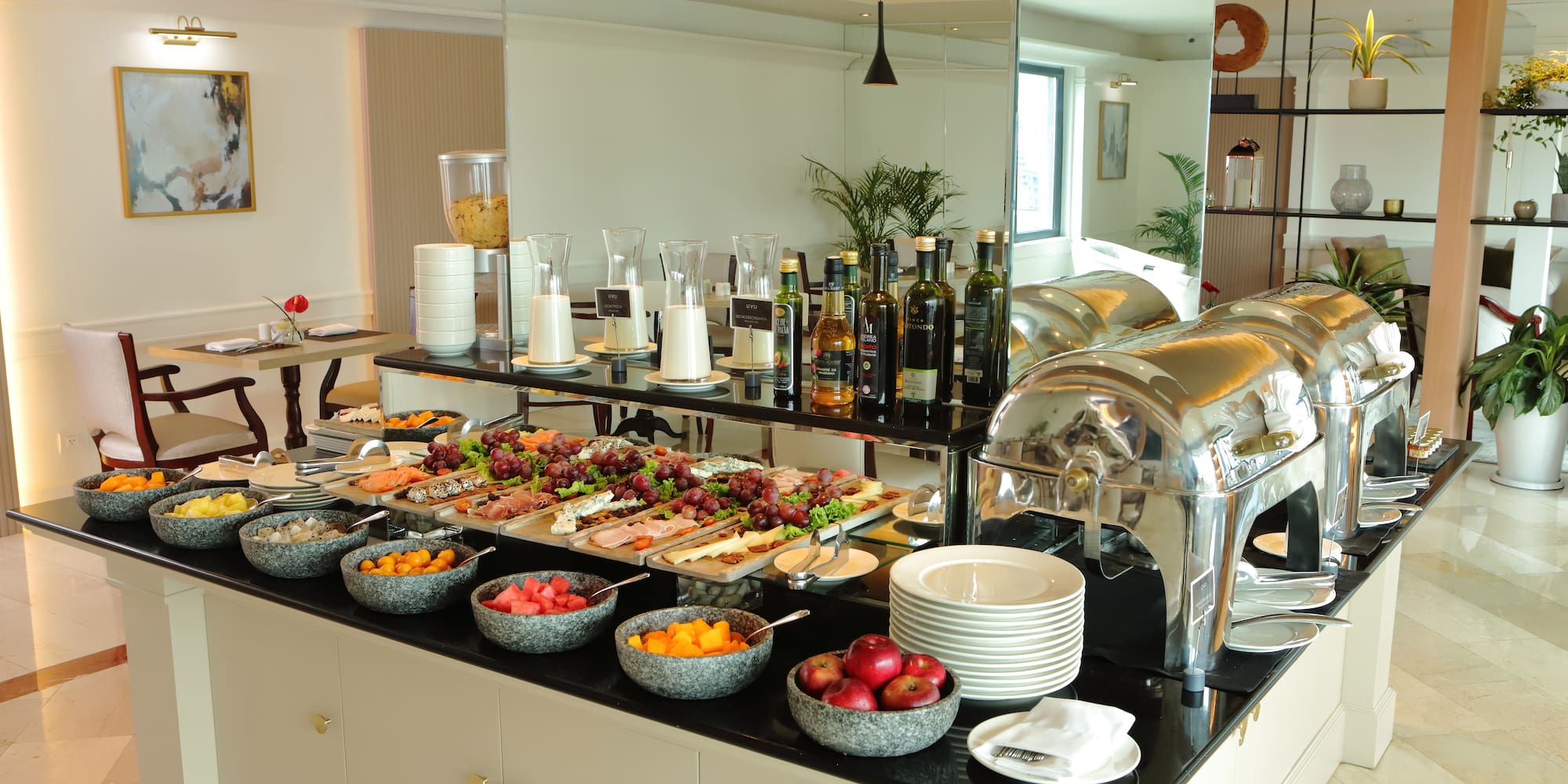 a buffet with food on the counter