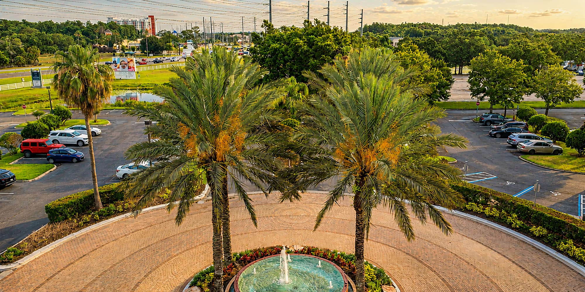 Tropical resort entrance with fountain, twin palm trees, and brick driveway.
