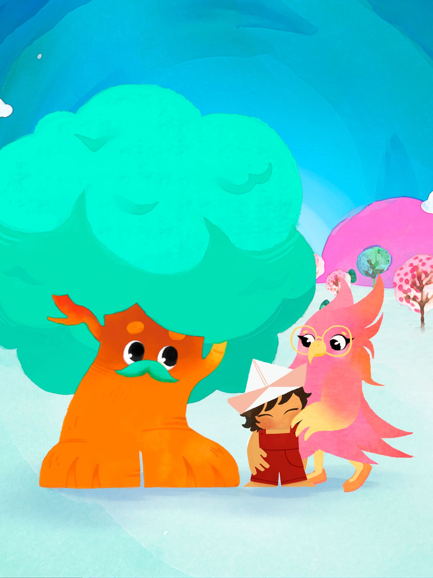 cartoon characters in a snowy landscape