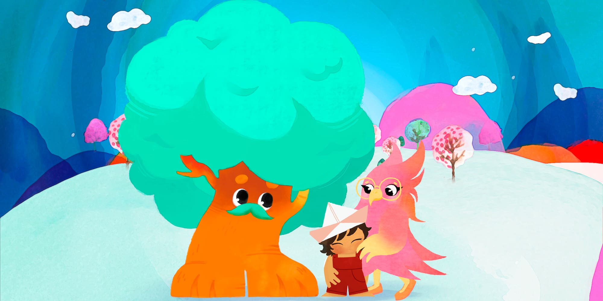 cartoon characters in a snowy landscape