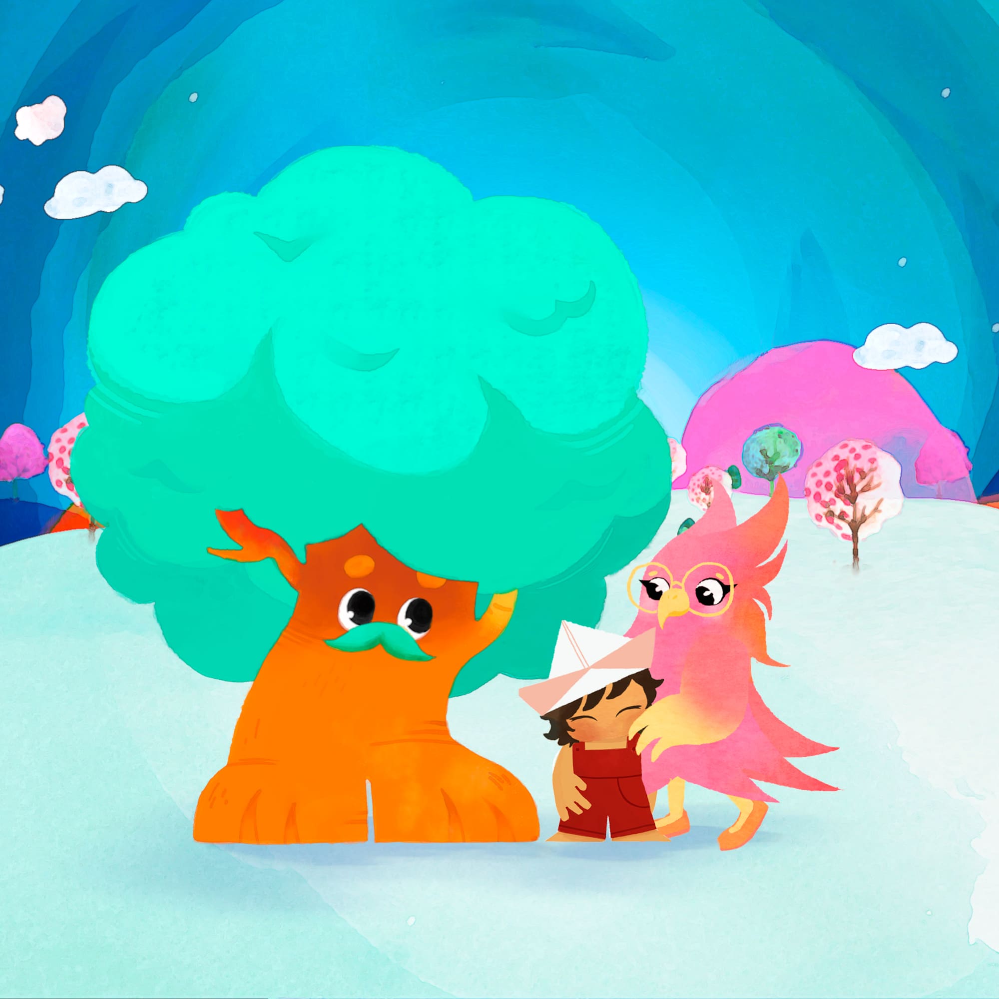 cartoon characters in a snowy landscape