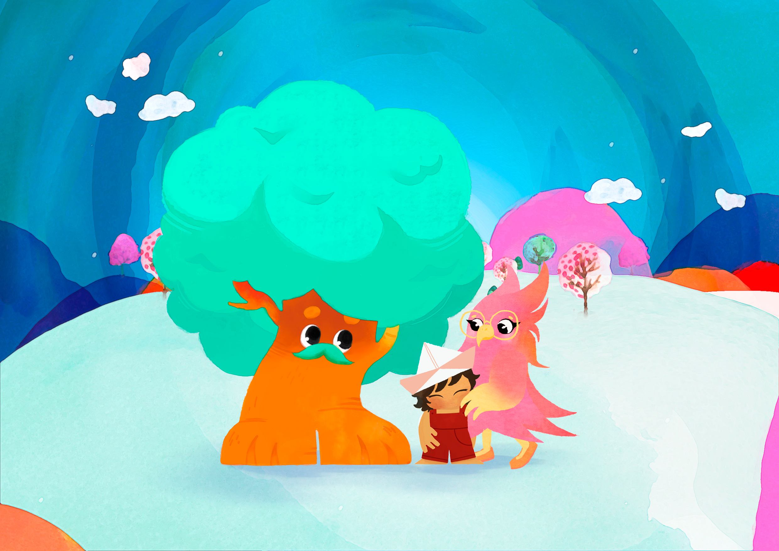 Vibrant cartoon: child hugging a tree, pink bird nearby, whimsical landscape.