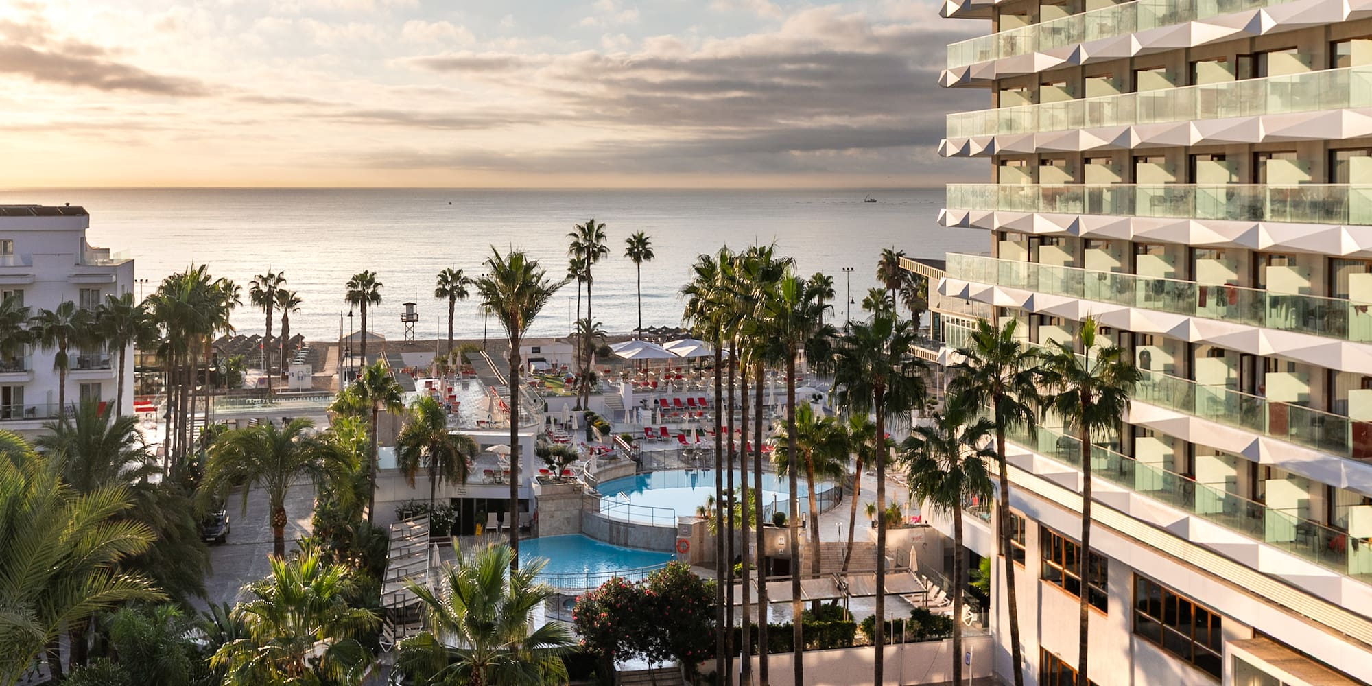 a hotel with palm trees and a pool
