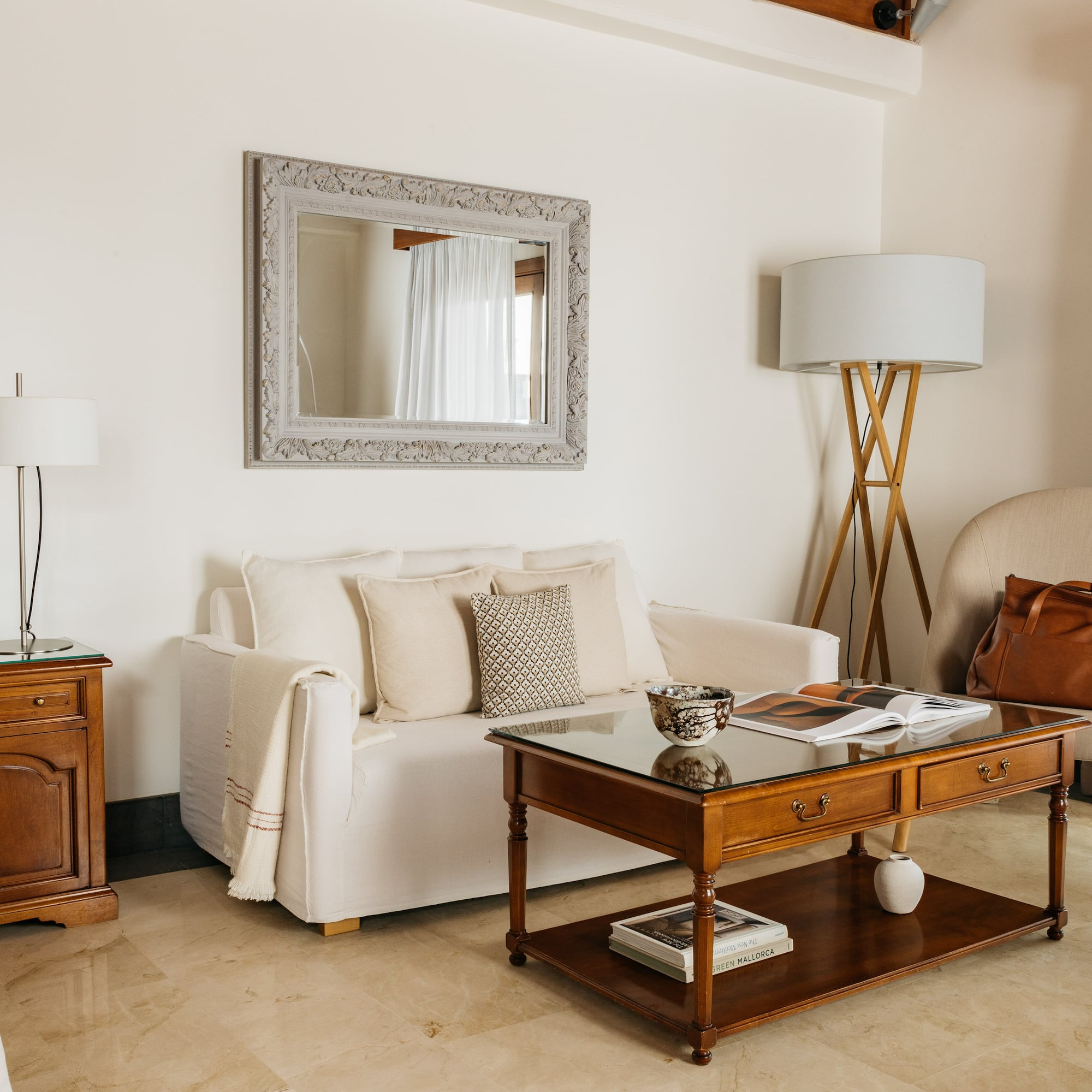 a living room with a couch and a coffee table