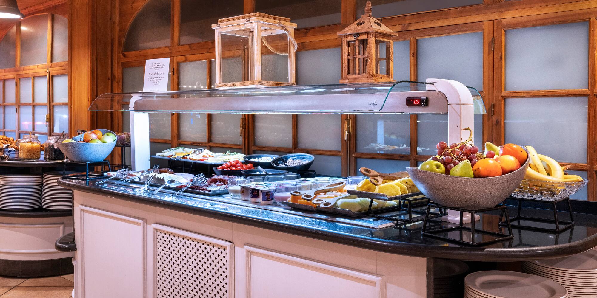 a buffet with food on the counter