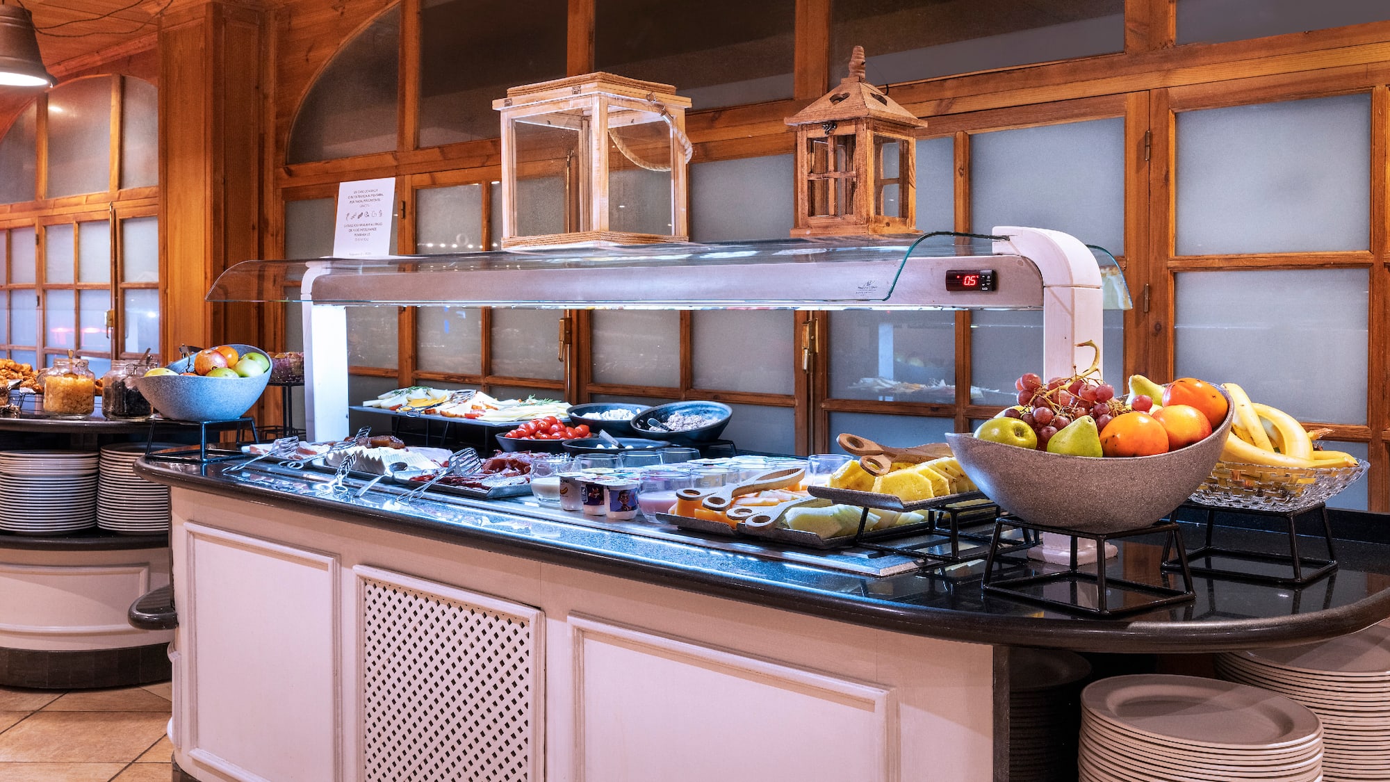 a buffet with food on the counter