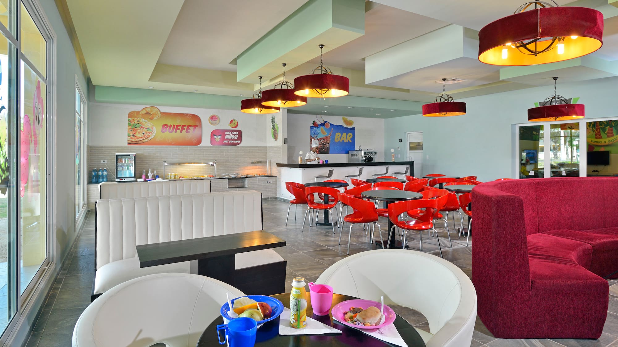 a room with tables and chairs