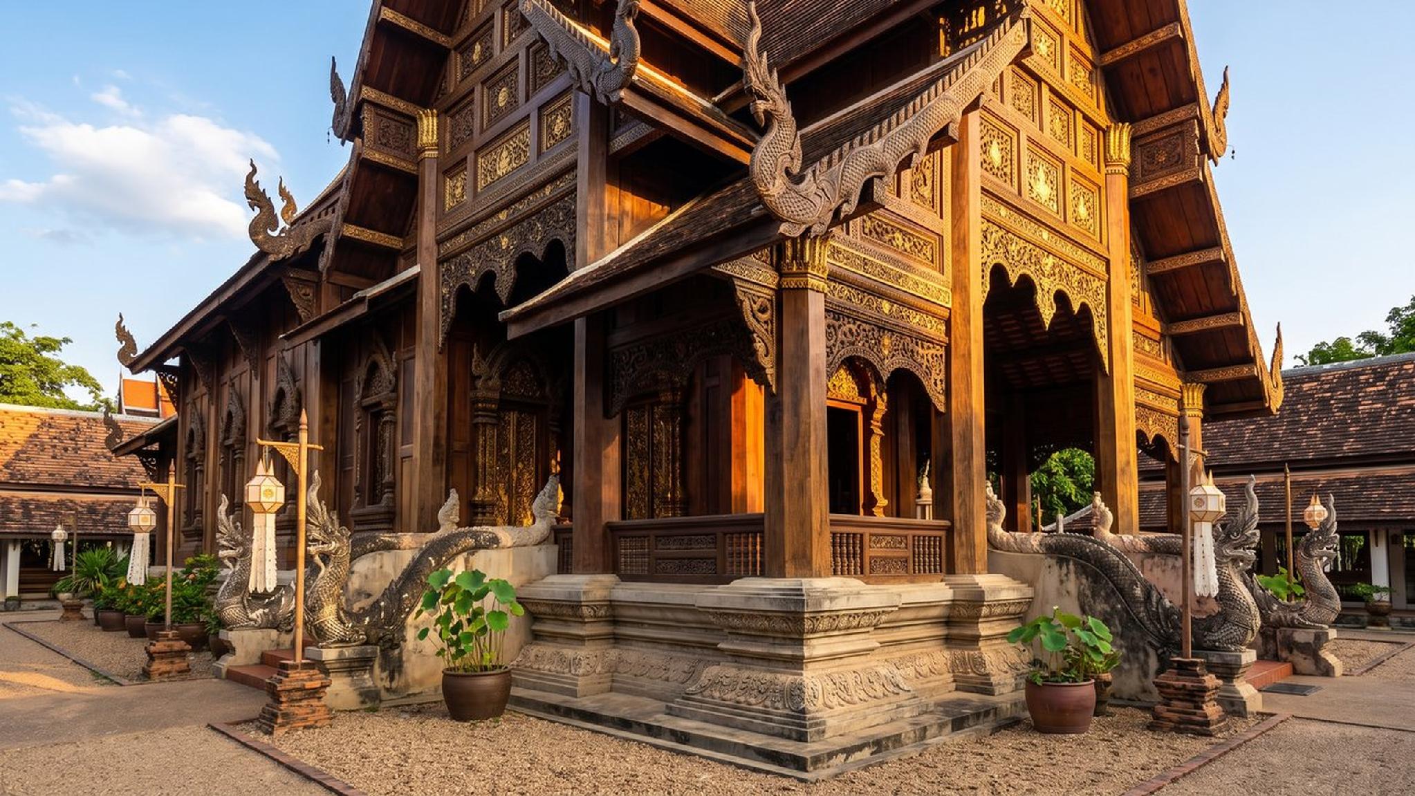 Traditional Thai wooden temple with ornate carvings and naga statues.